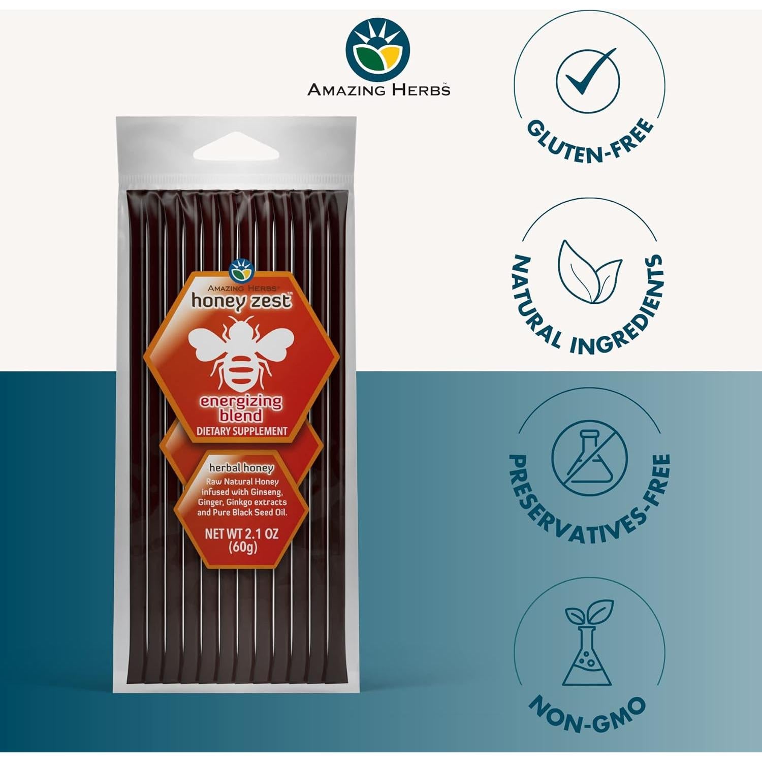 Miel Cruda Herbal Infundida HoneyZest con Ginseng y Jengibre 68g