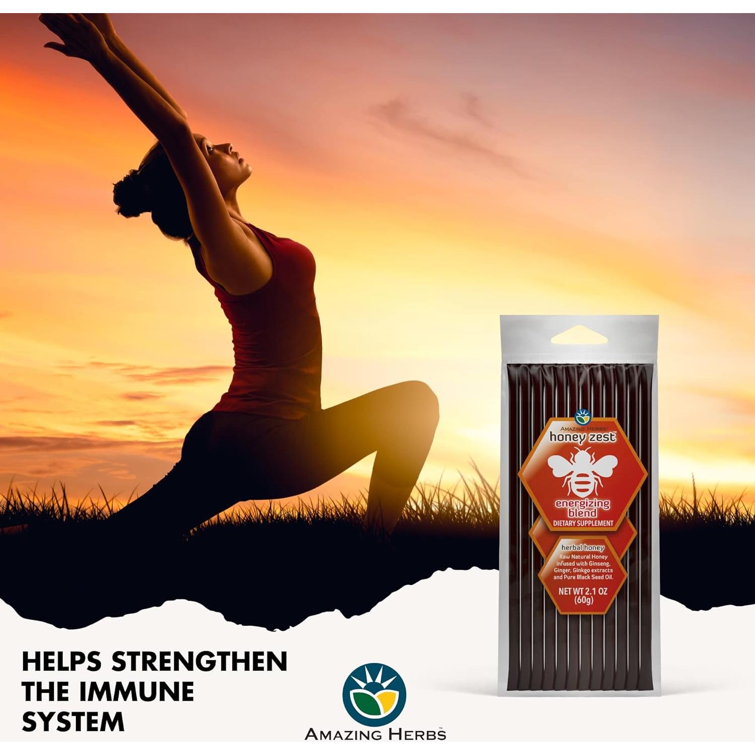 Miel Cruda Herbal Infundida HoneyZest con Ginseng y Jengibre 68g