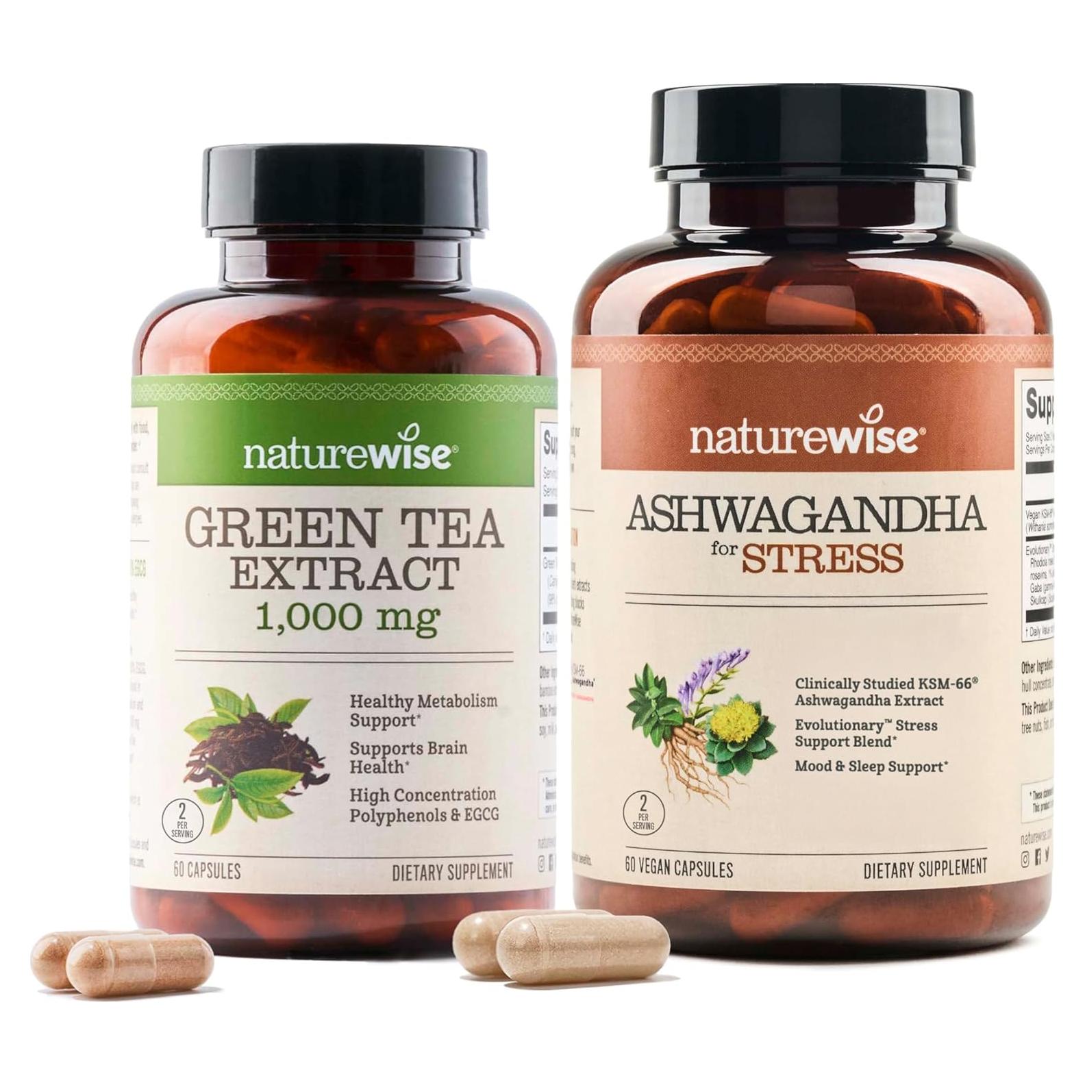 NatureWise Extracto de Té Verde 1000 mg y Ashwagandha 60 Cápsulas