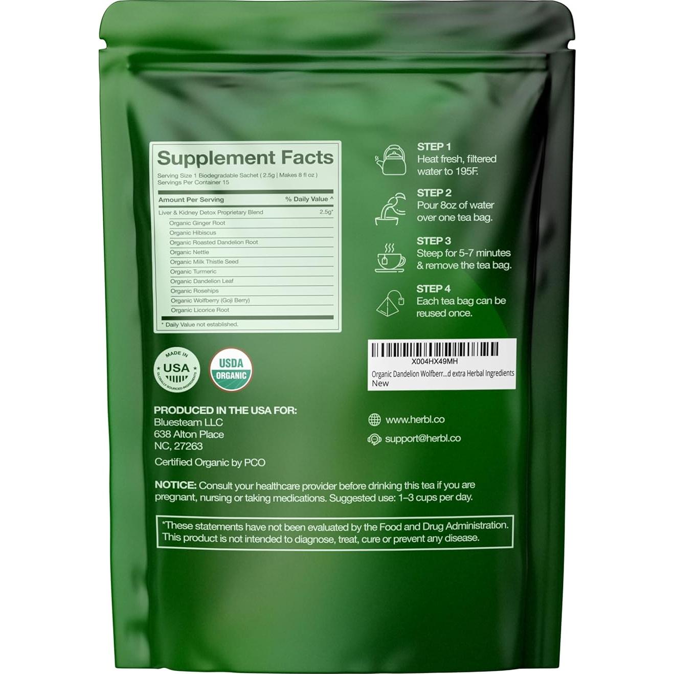 Té Detox Orgánico Herbl de Diente de León y Bayas de Goji 15 Unidades