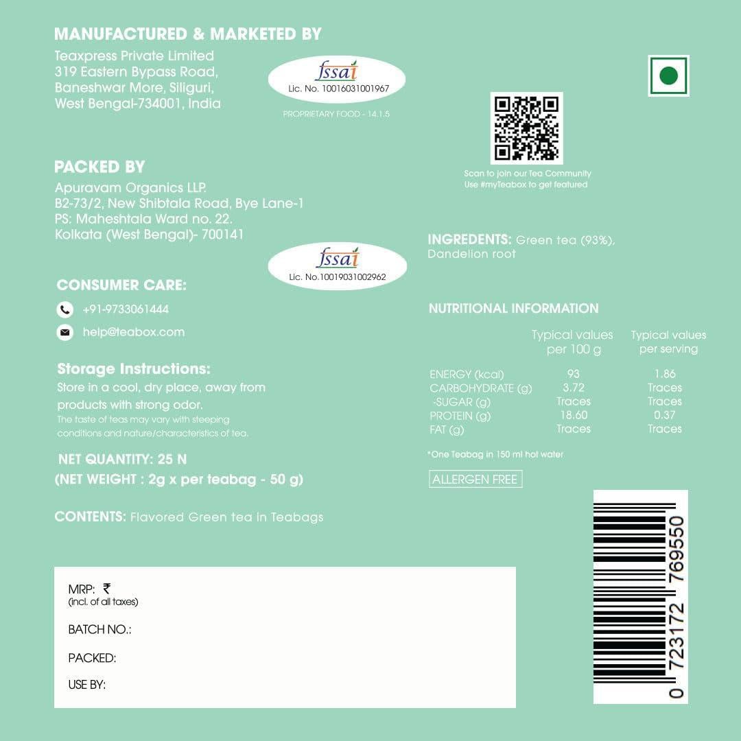 Té Verde Darjeeling Teabox con Raíz de Diente de León - 25 Bolsitas