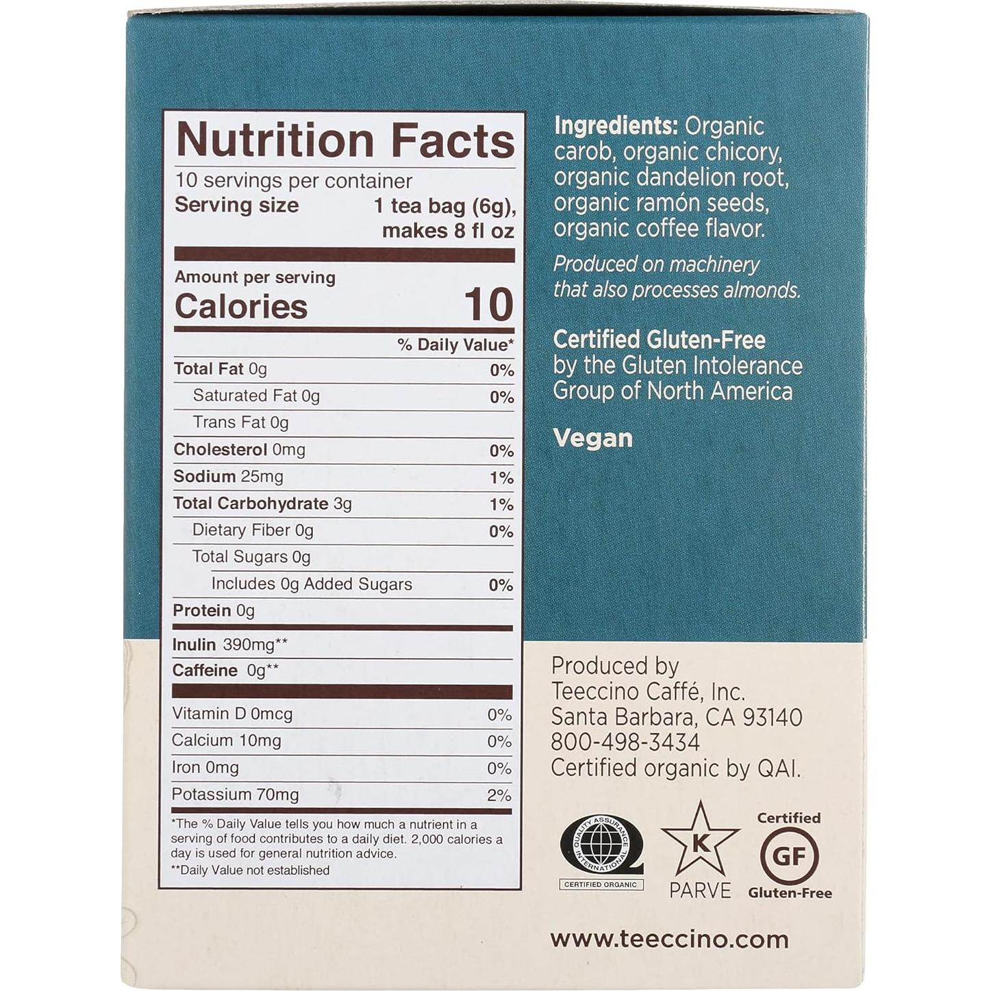 Teeccino Té Herbal Diente de León Tostado Oscuro 40 Bolsitas