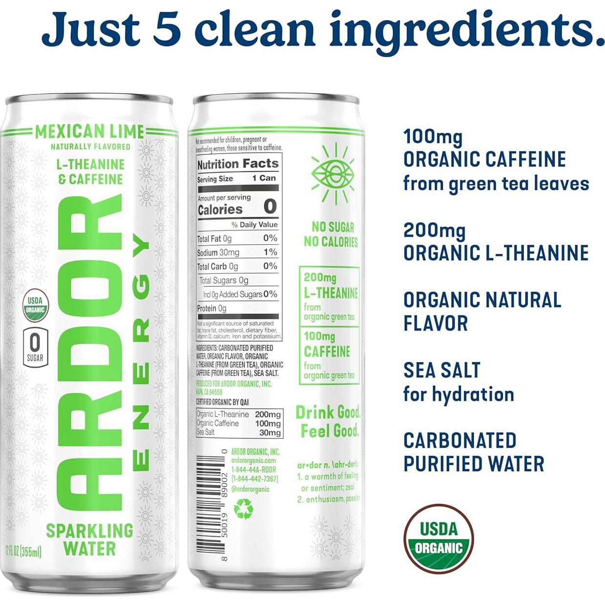 Agua Espumosa Ardor con Cafeína y L-Theanina - Lima Mexicana 12 Latas