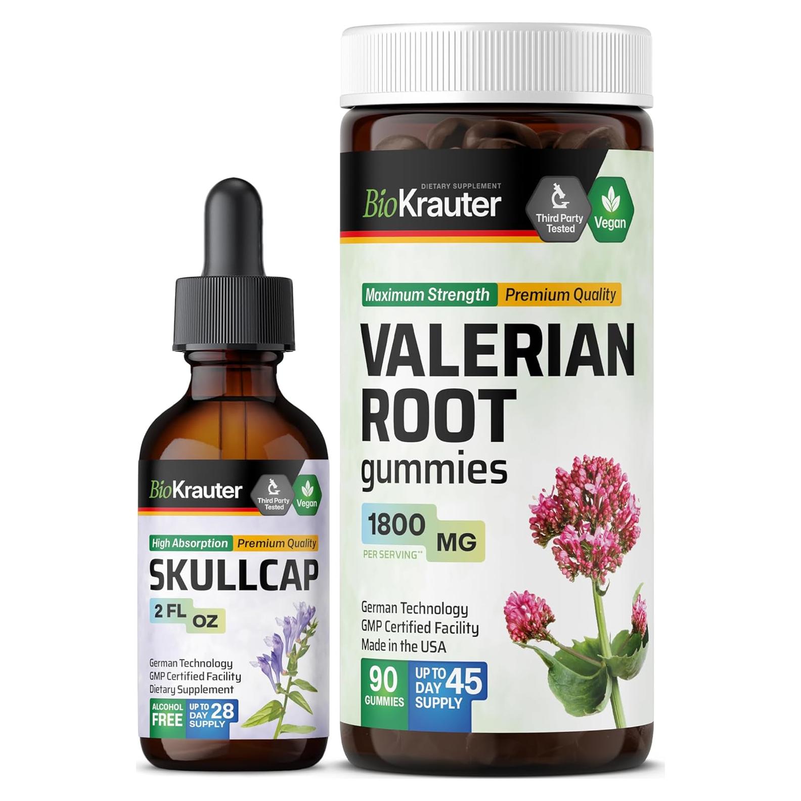 Suplemento Vegano BioKrauter: Tintura de Skullcap 59.15 ml y Gominolas de Valeriana