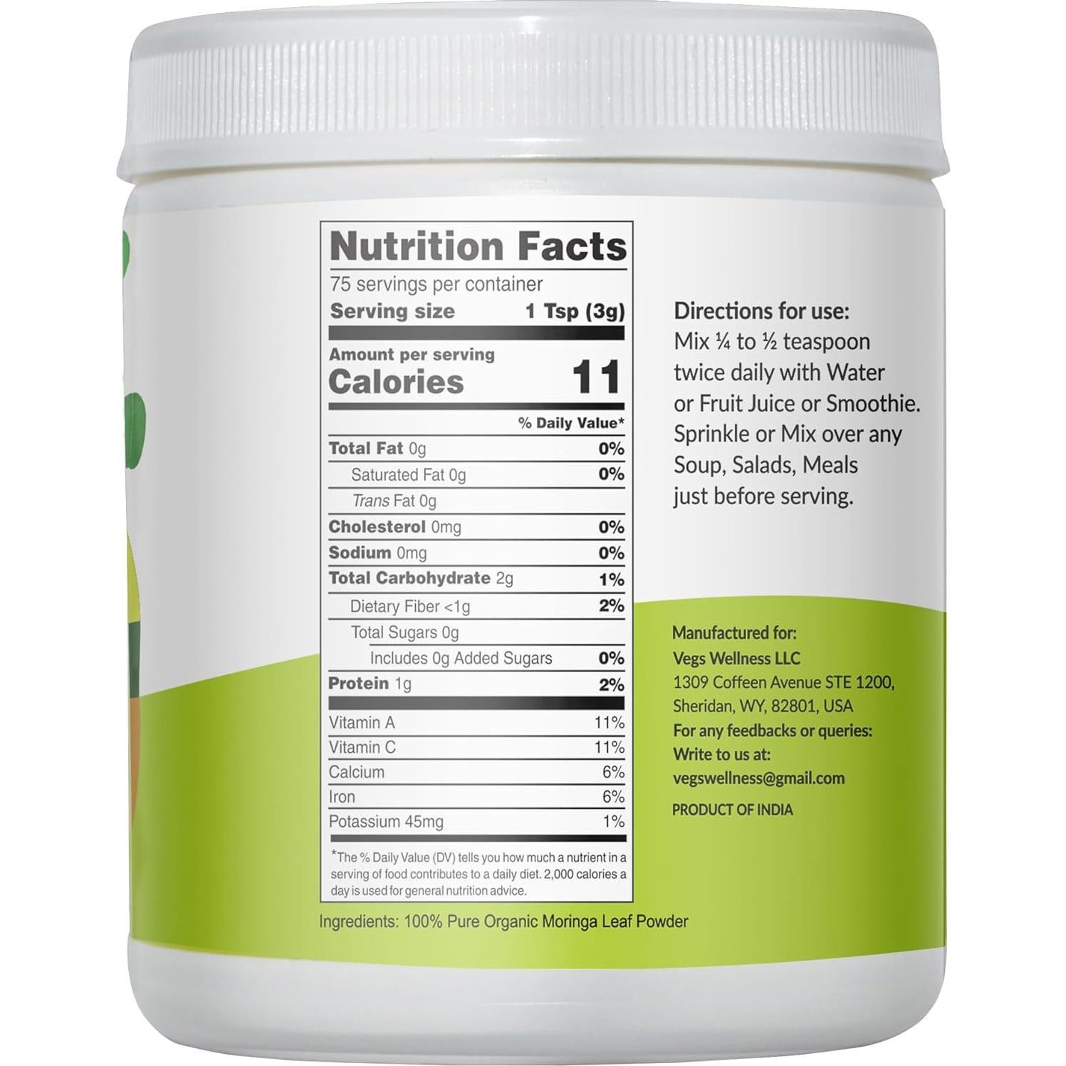 Polvo de Moringa Orgánica Vegs Wellness 226.8 g - Antioxidantes