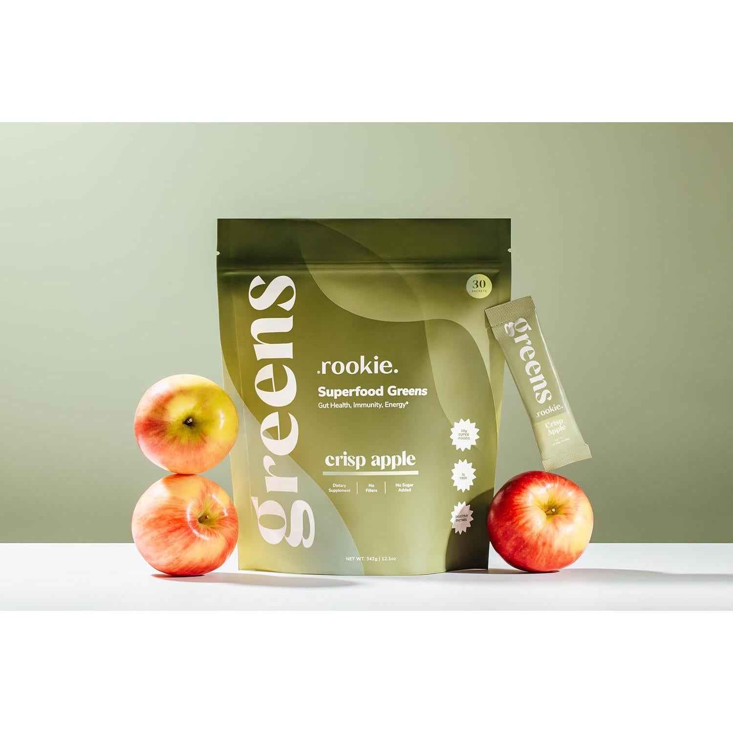 Rookie Wellness Greens - Bebida en polvo de superalimentos 30 porciones sabor manzana crujiente