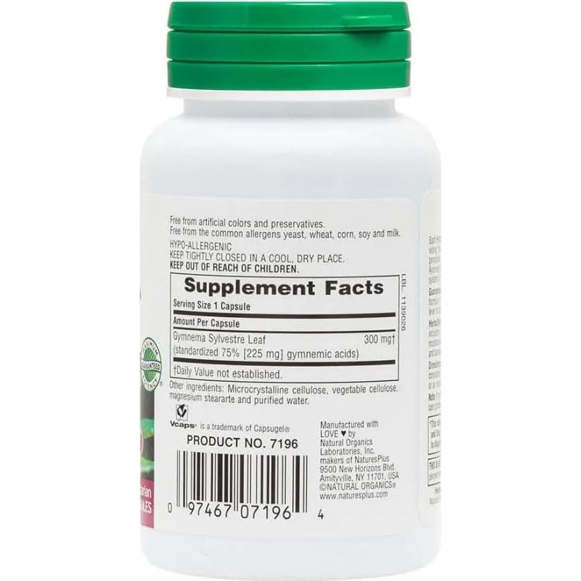 Suplemento Ayurvédico Gymnema Sylvestre Nature's Plus 300 mg 60 Cápsulas Veganas