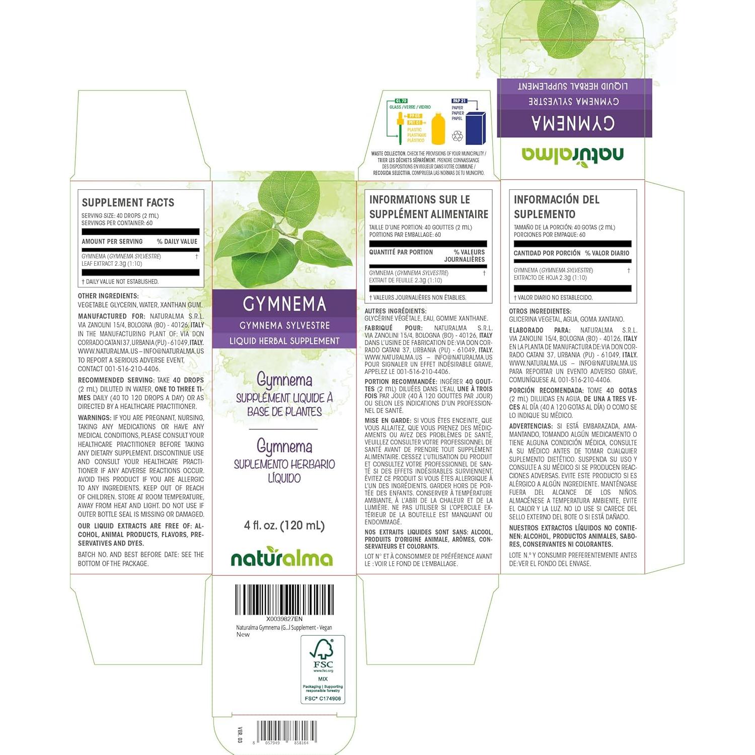 Extracto Líquido de Gymnema Naturalma 118.29 ml Vegano Sin Alcohol