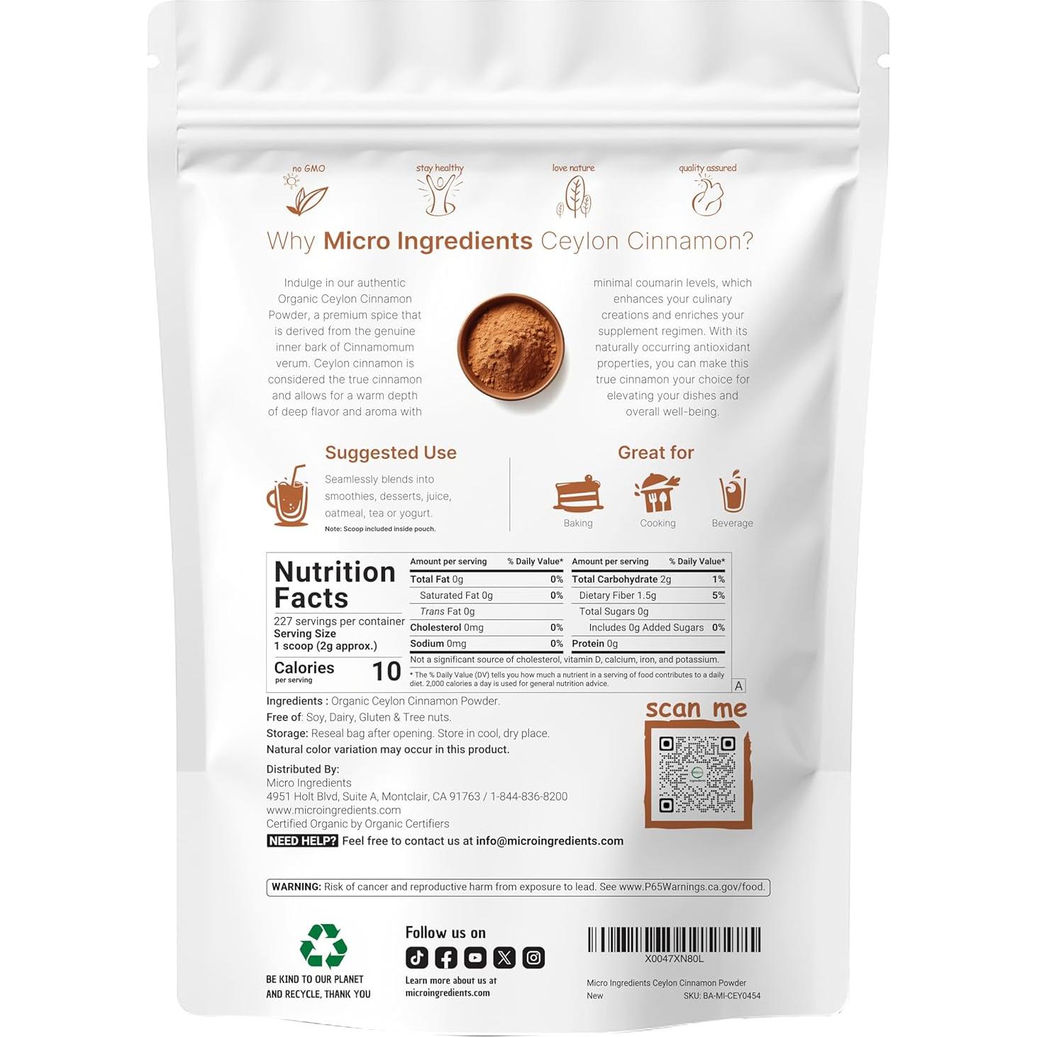 Polvo de canela de Ceilán orgánica Micro Ingredients 0.45 kg