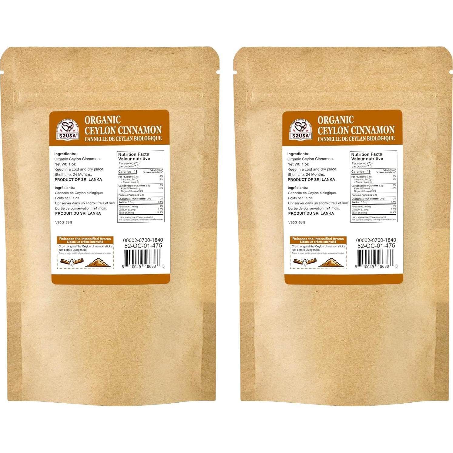 Canela de Ceilán Orgánica 52USA en Palitos 56.7g Vegana