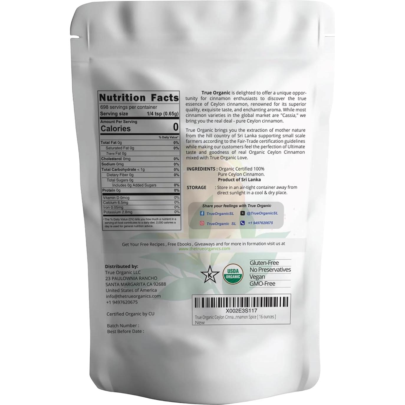 Polvo de Canela de Ceilán Orgánico Verdadero 0.45 kg Premium