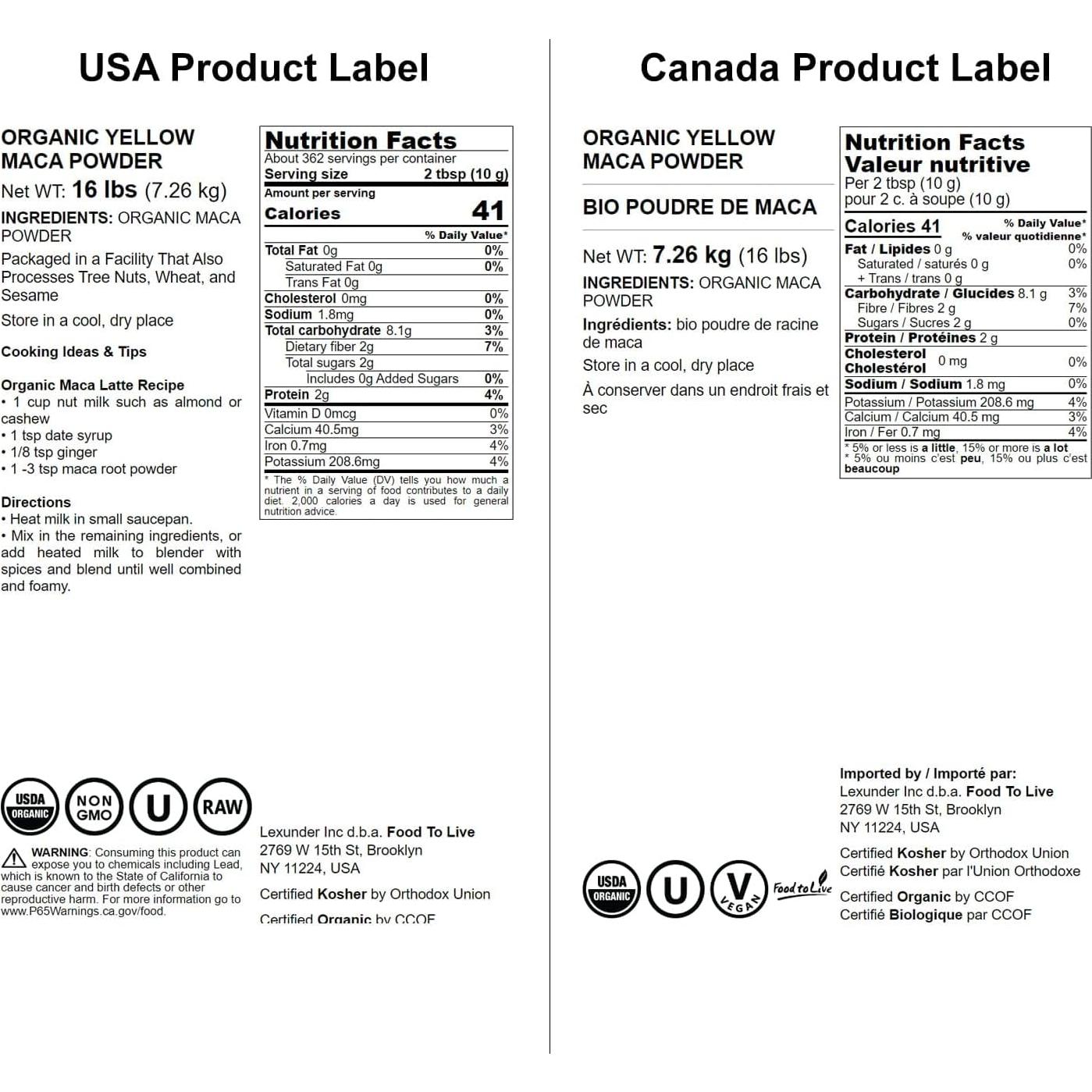 Polvo de Maca Amarilla Orgánica Food to Live 7.26 kg - Vegano