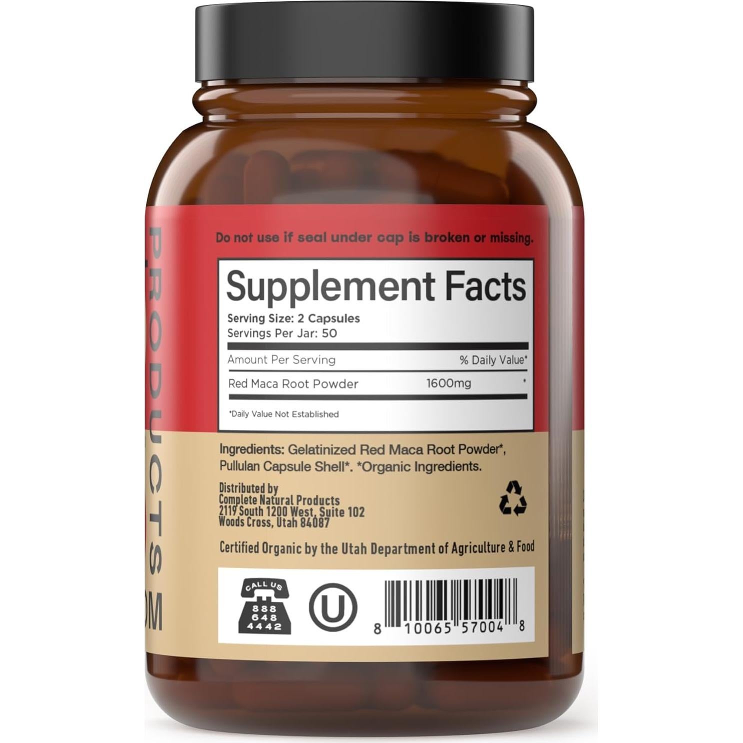 Cápsulas de Raíz de Maca Roja Orgánica Complete Natural 800mg - 100 Unidades