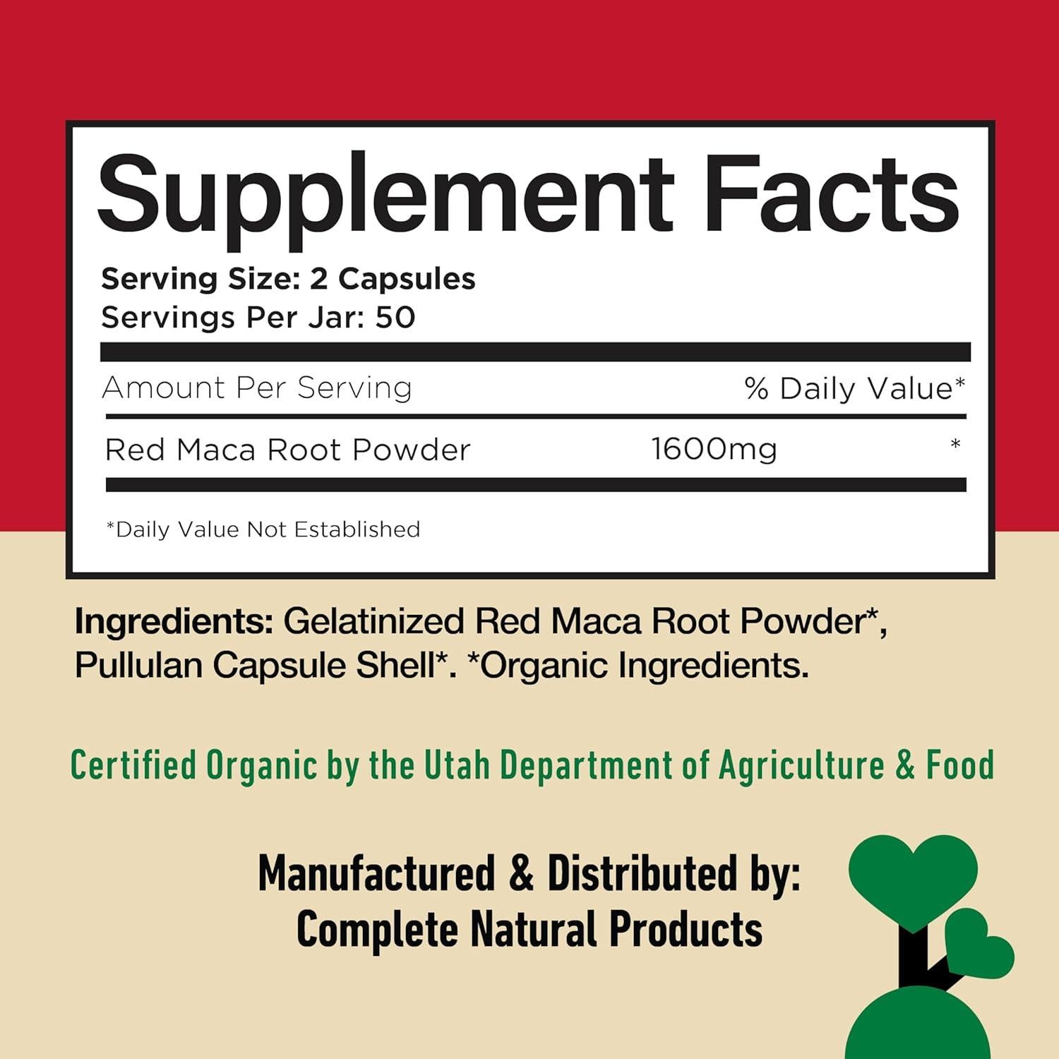 Cápsulas de Raíz de Maca Roja Orgánica Complete Natural 800mg - 100 Unidades