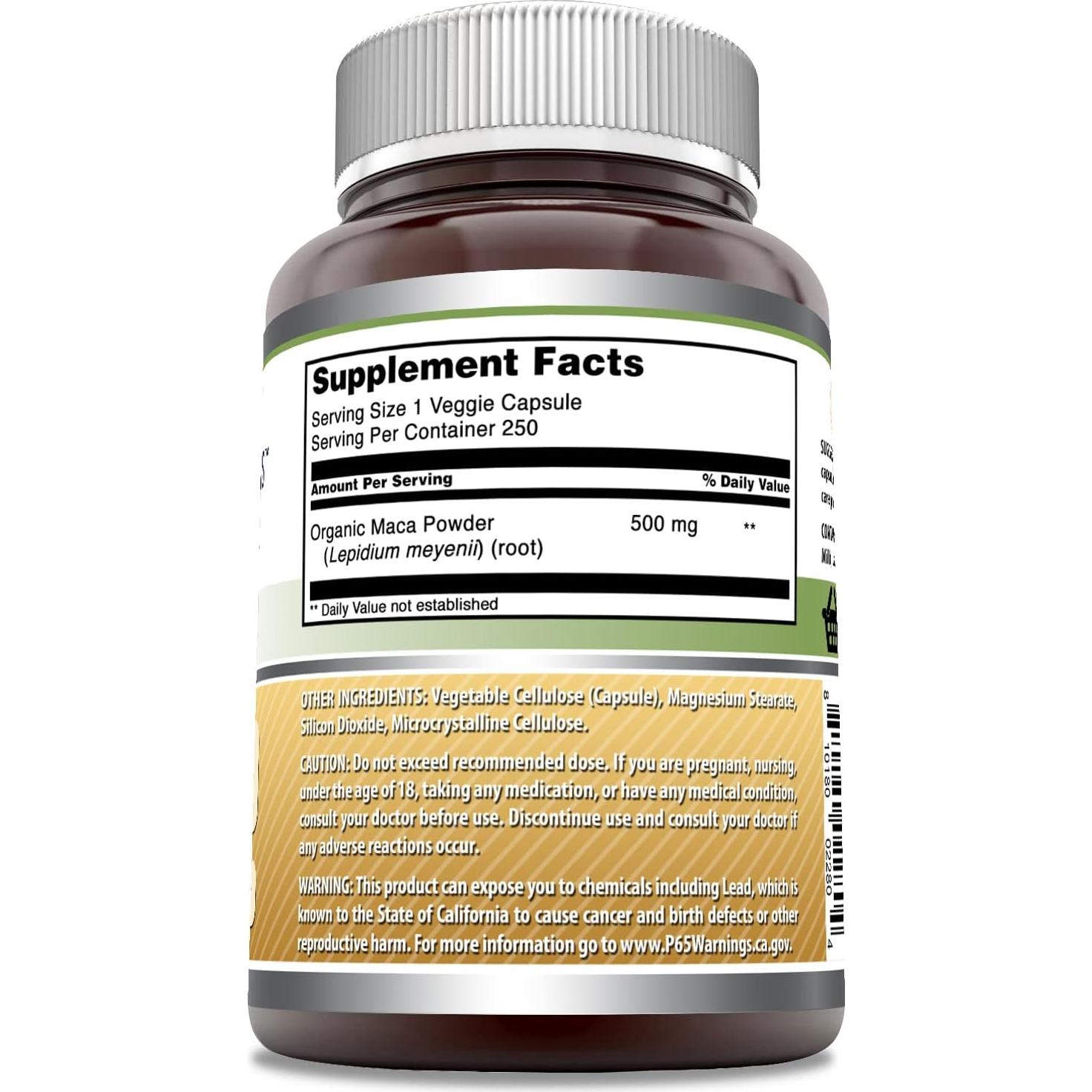 Suplemento de Maca 500 Mg Formulas Asombrosas 250 Cápsulas Veganas