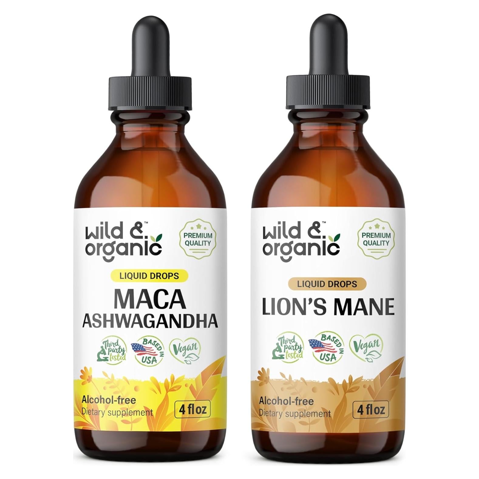 Tintura Orgánica de Maca y Ashwagandha 118 ml + Melena de León 118 ml