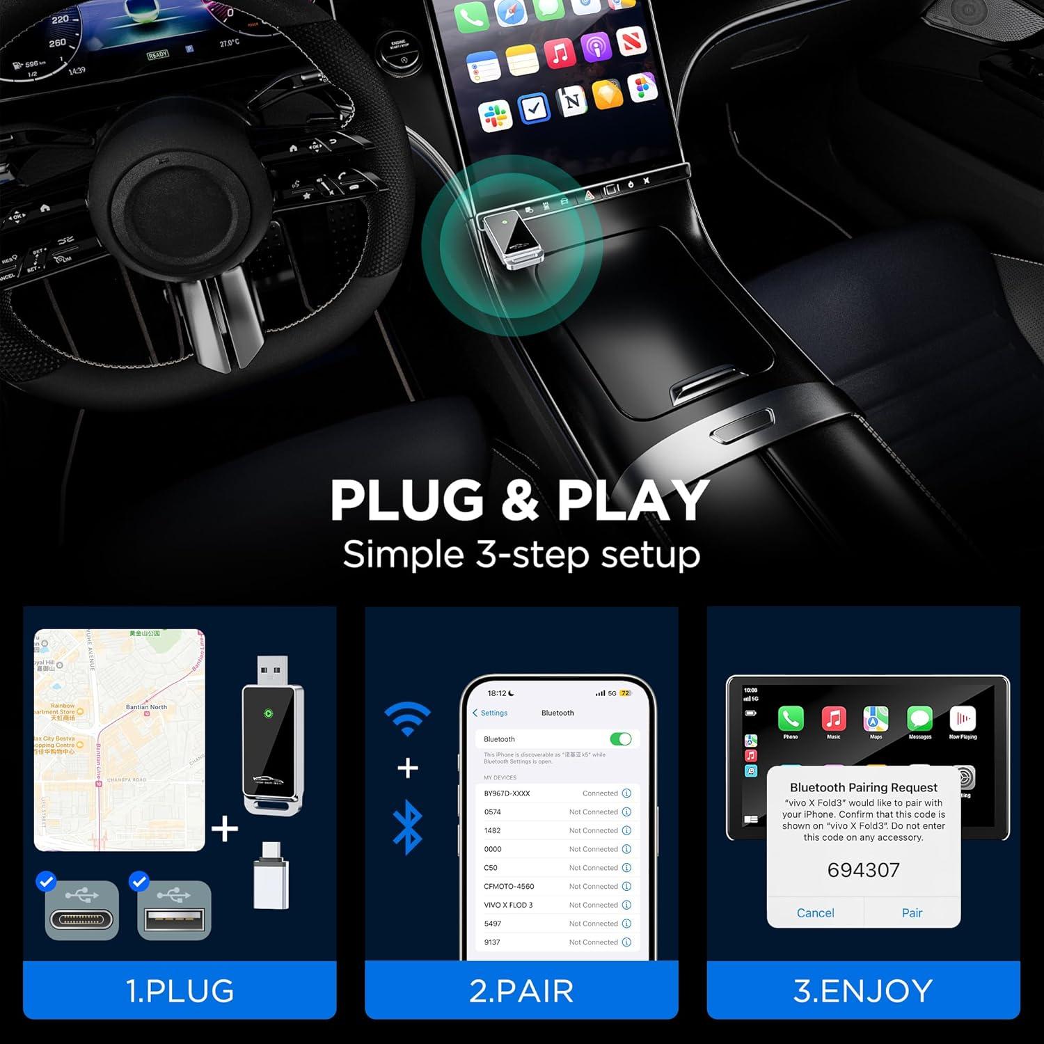 Adaptador Wireless CarPlay Vnilrgle 2024, Plug and Play, Sin Latencia
