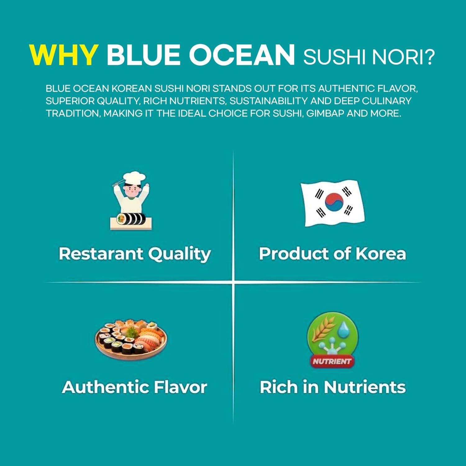 Hojas de Alga Nori Blue Ocean 100 Hojas 280g Orgánico