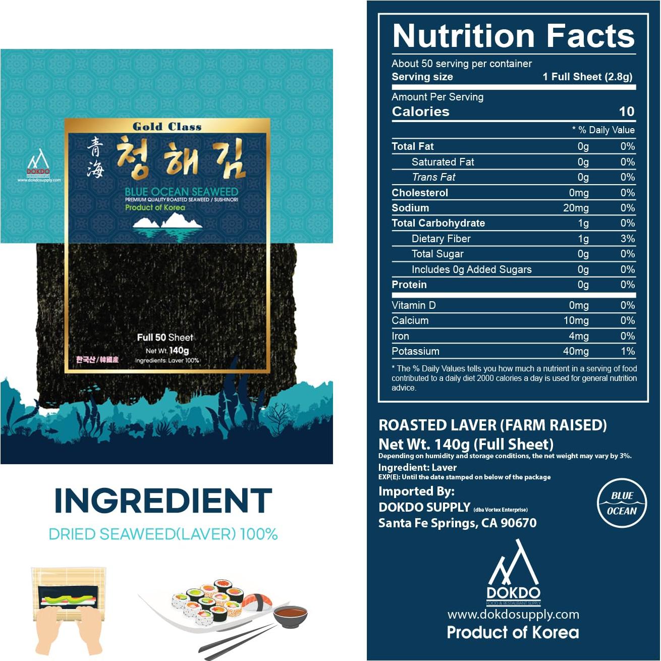 Hojas de Alga Nori Blue Ocean 100 Hojas 280g Orgánico