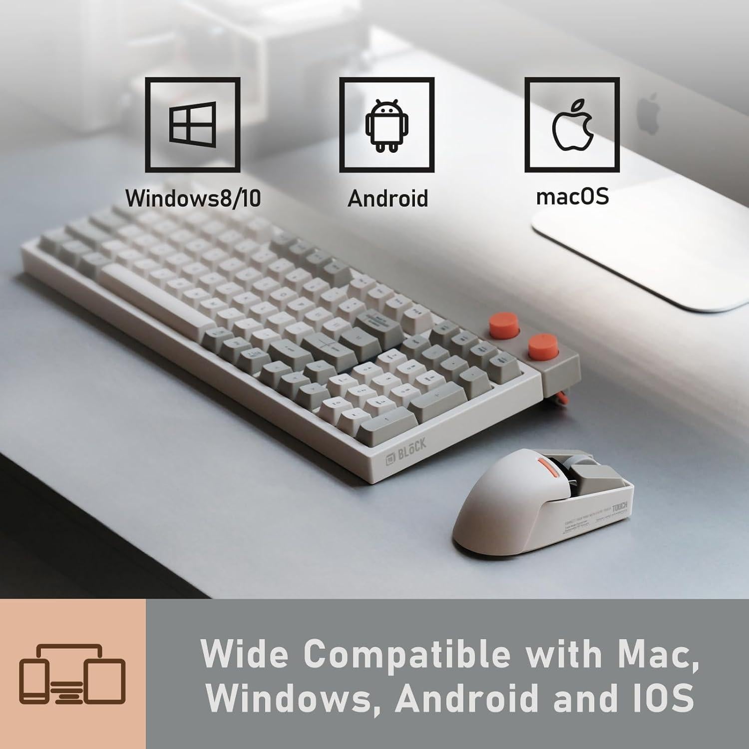 LOFREE Touch PBT Wireless Mouse with USB Receiver, Bluetooth, Wired Connection, Rechargeable, 4000 DPI with OLED Screen Compatible with Glass Surface for Mac Windows PC Notebook/Block Retro Grey