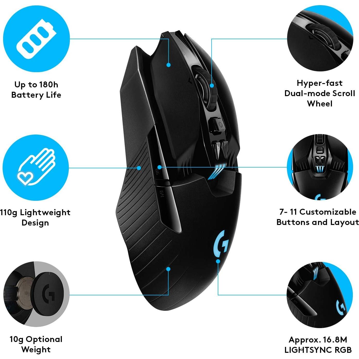 Logitech G903 LIGHTSPEED Wireless Gaming Mouse W/ Hero 25K Sensor, PowerPlay Compatible, 140+ Hour with Rechargeable Battery and Lightsync RGB, Ambidextrous, 107G+10G optional, 25,600 DPI, Black