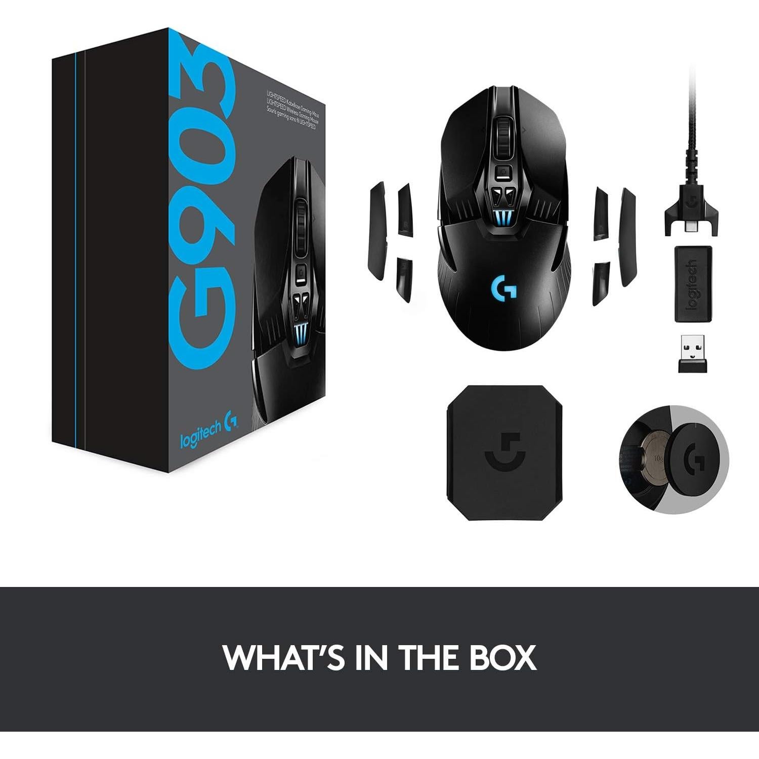 Logitech G903 LIGHTSPEED Wireless Gaming Mouse W/ Hero 25K Sensor, PowerPlay Compatible, 140+ Hour with Rechargeable Battery and Lightsync RGB, Ambidextrous, 107G+10G optional, 25,600 DPI, Black