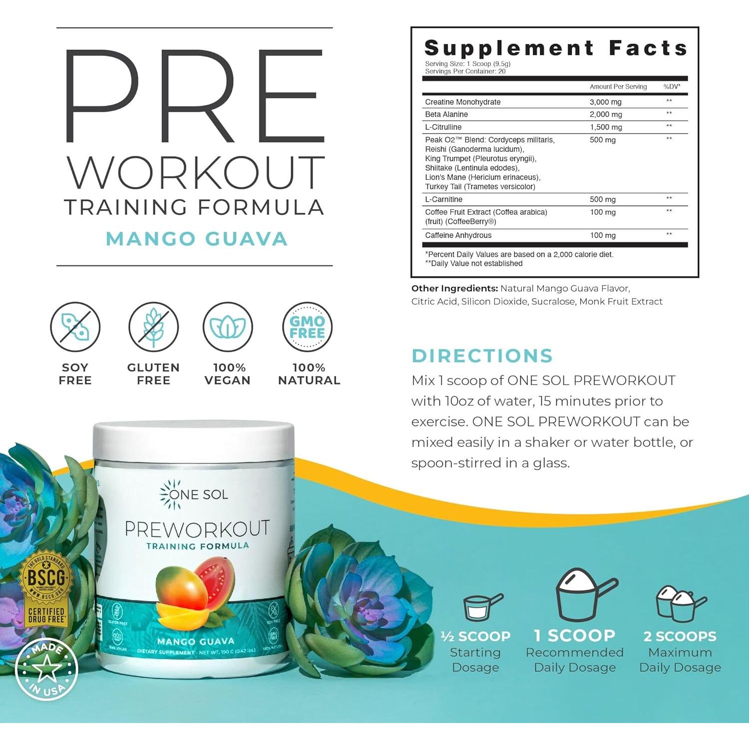 One Sol Pre-Workout para Mujeres Mango Guayaba 257g Energía Natural