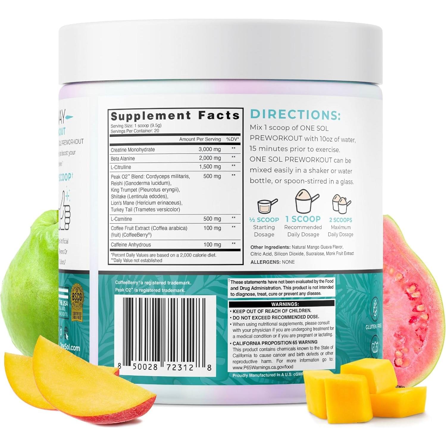 One Sol Pre-Workout para Mujeres Mango Guayaba 257g Energía Natural