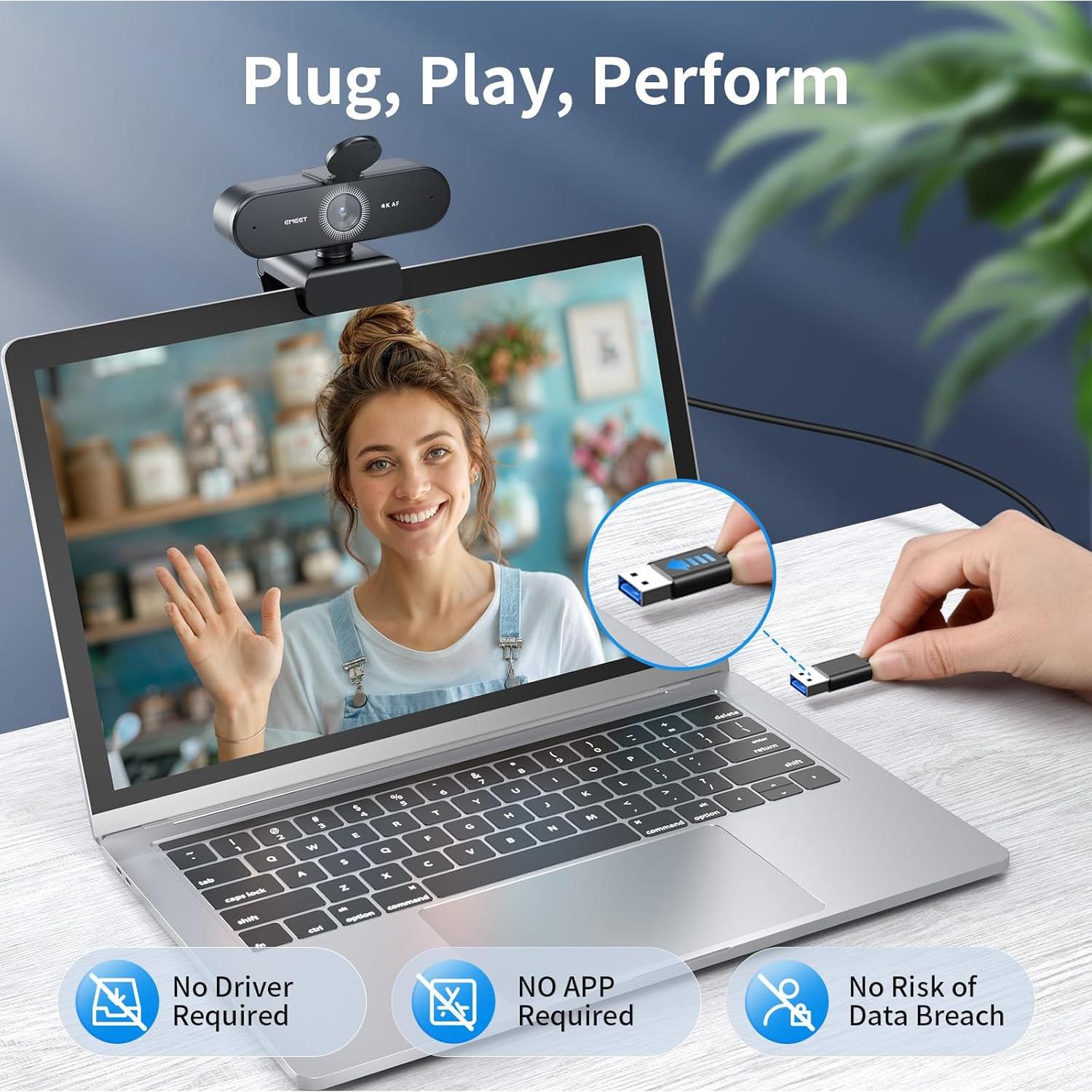 Webcam EMEET NOVA 4K - Autofoco, Duales Micrófonos, USB-A