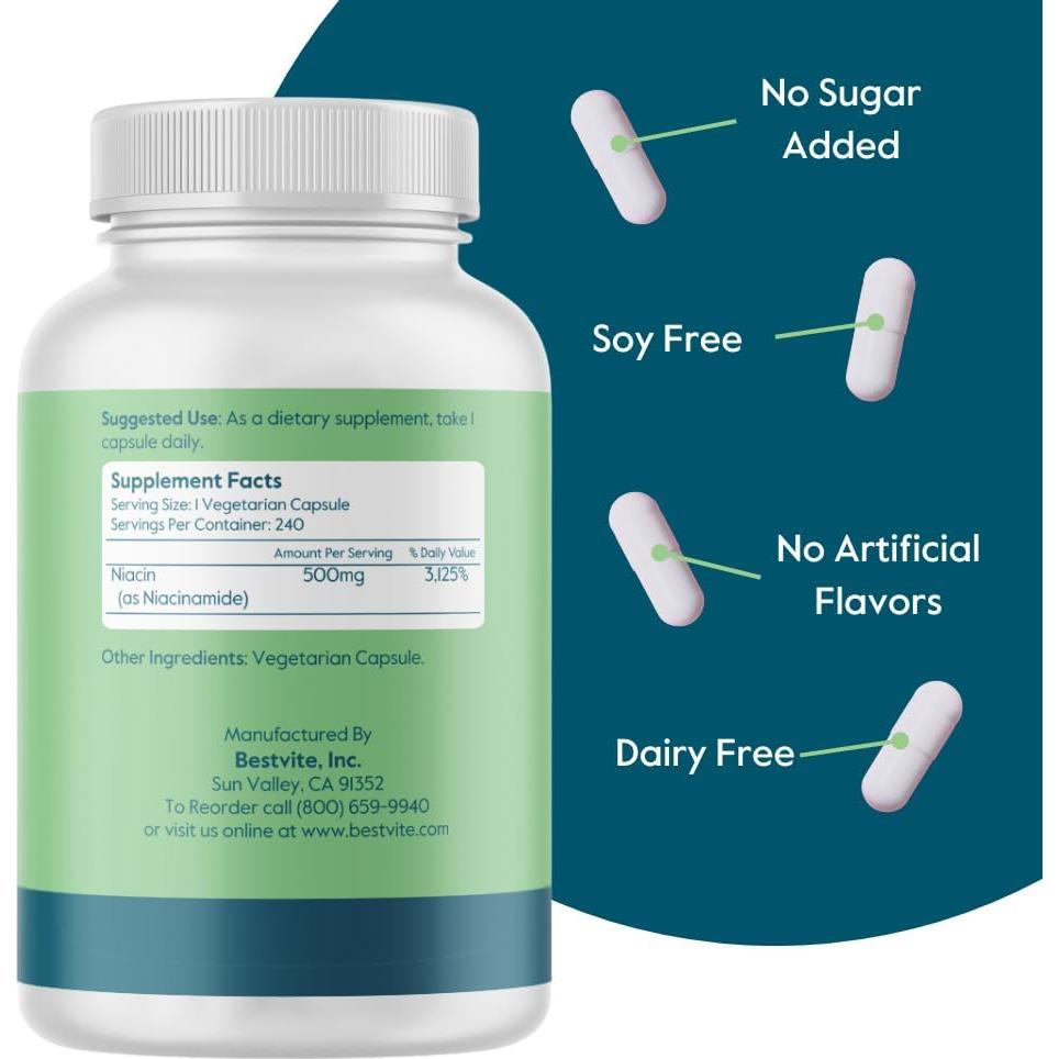 Niacinamida 500mg Bestvite 240 Cápsulas Vegetarianas - Vitamina B3
