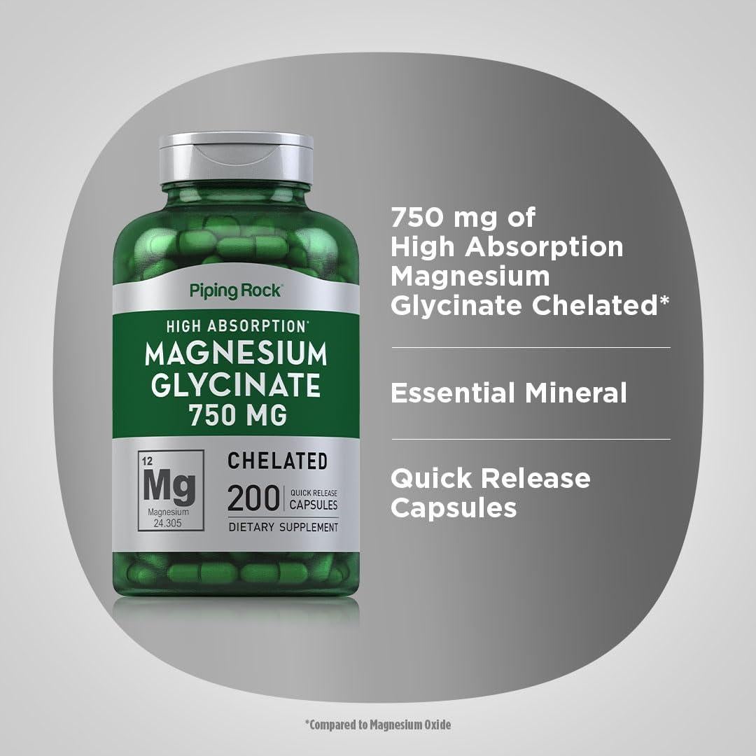 Cápsulas de Glicinato de Magnesio Piping Rock 750mg 200 Unidades