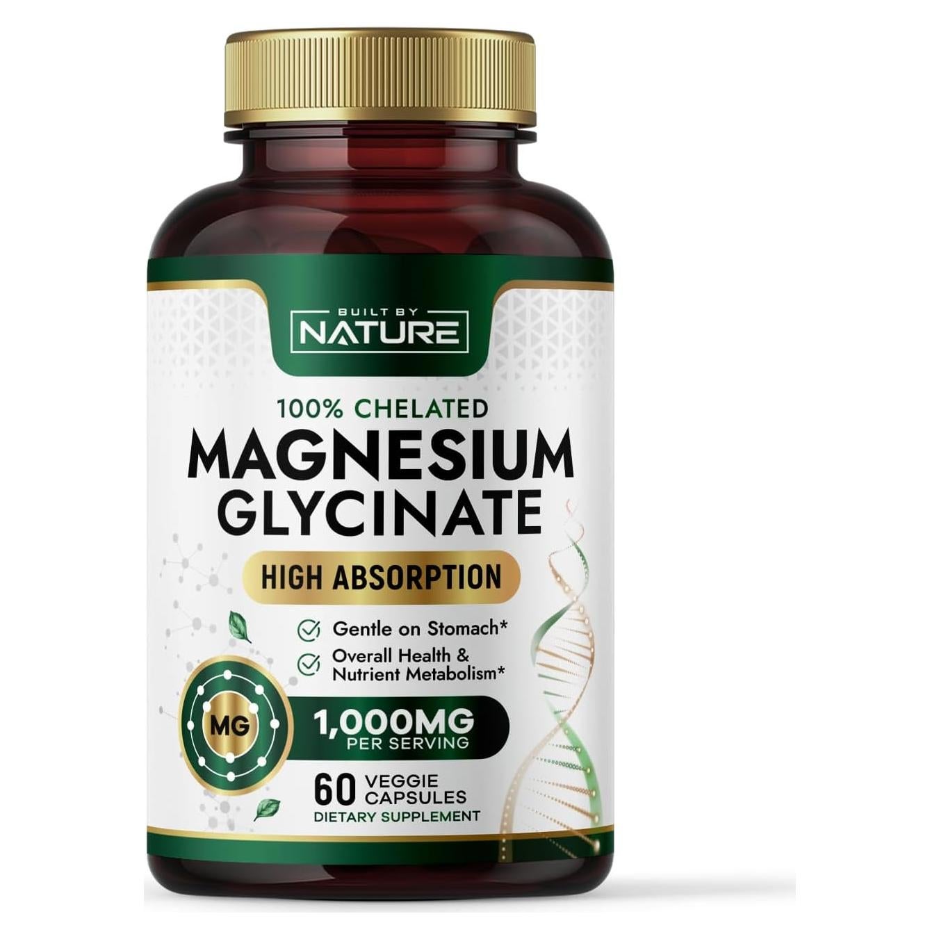 Suplemento de Magnesio Glicinato 1000mg Construido por la Naturaleza - 60 Cápsulas Veganas