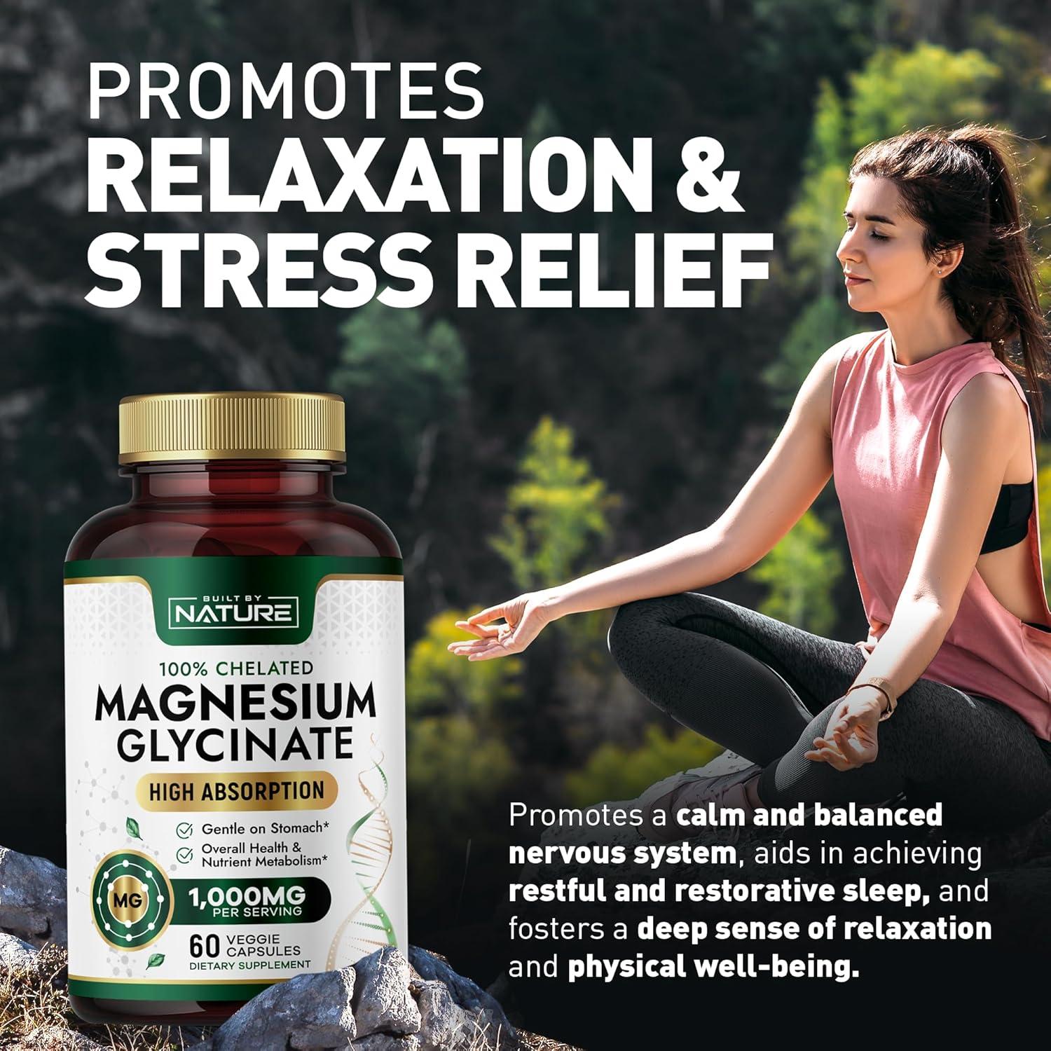 Suplemento de Magnesio Glicinato 1000mg Construido por la Naturaleza - 60 Cápsulas Veganas