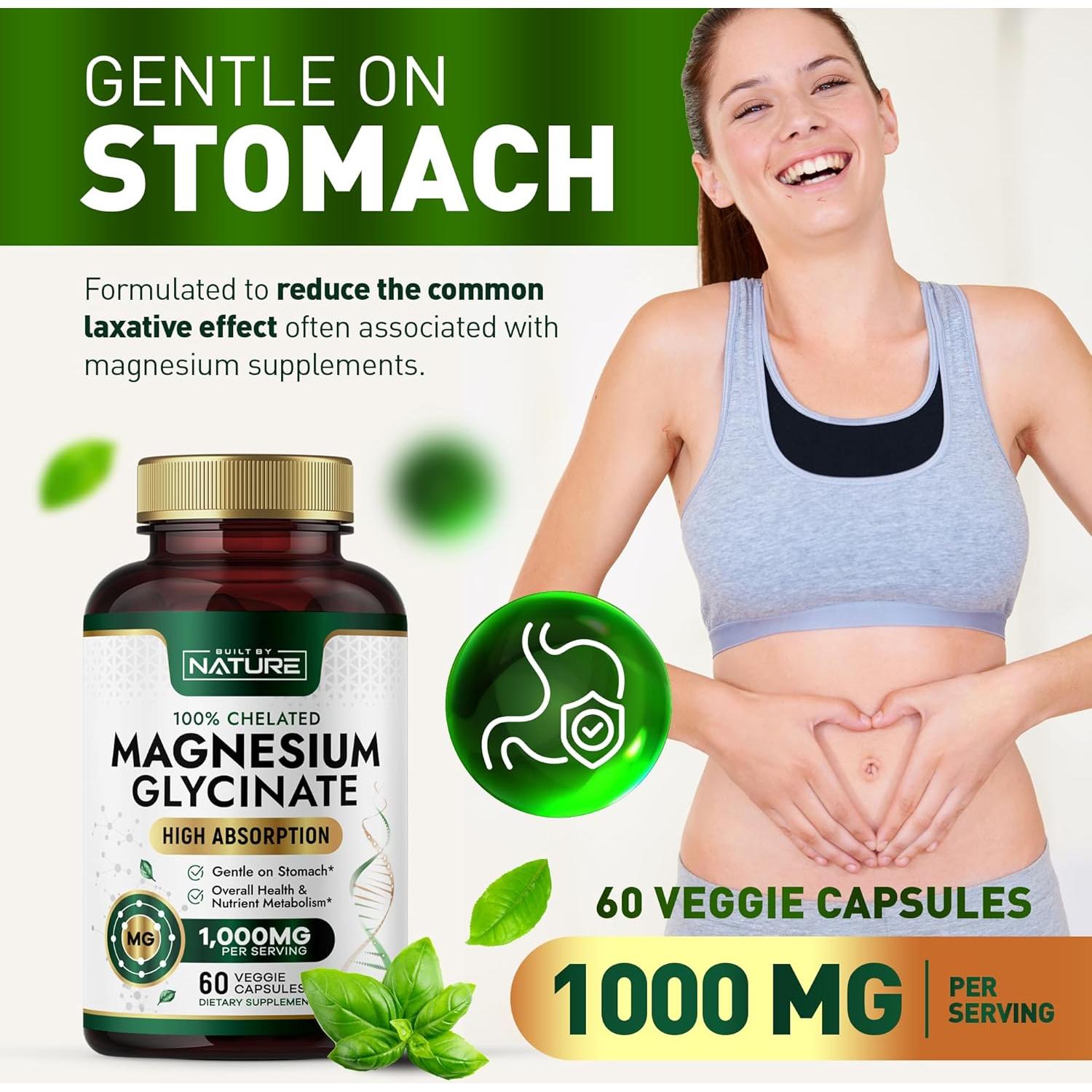 Suplemento de Magnesio Glicinato 1000mg Construido por la Naturaleza - 60 Cápsulas Veganas