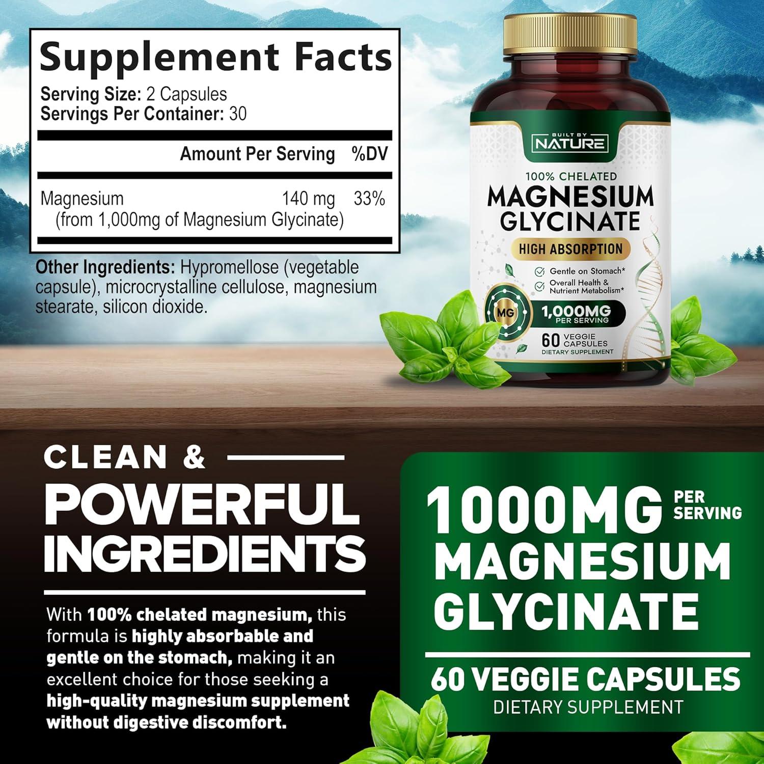 Suplemento de Magnesio Glicinato 1000mg Construido por la Naturaleza - 60 Cápsulas Veganas