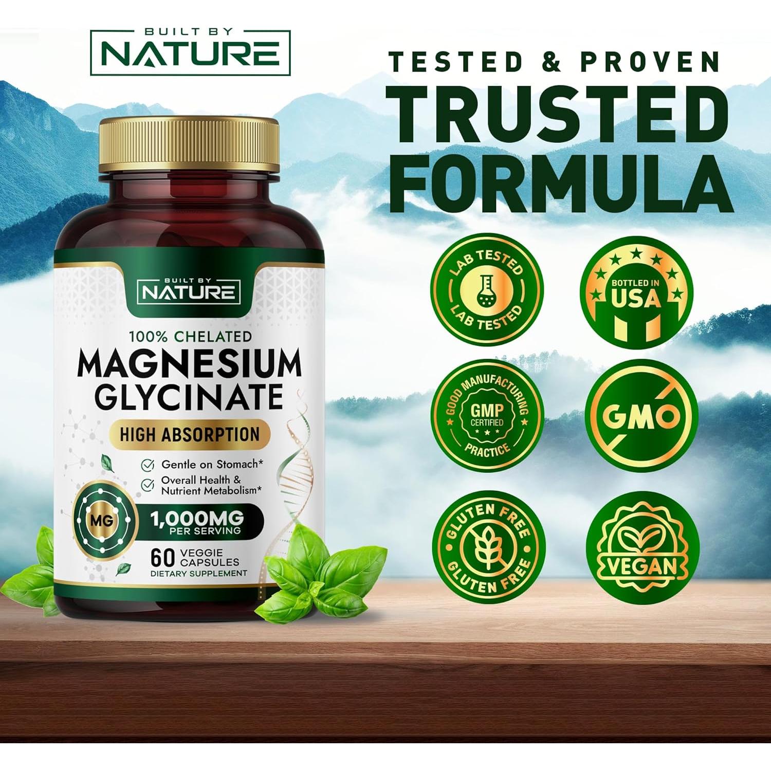Suplemento de Magnesio Glicinato 1000mg Construido por la Naturaleza - 60 Cápsulas Veganas