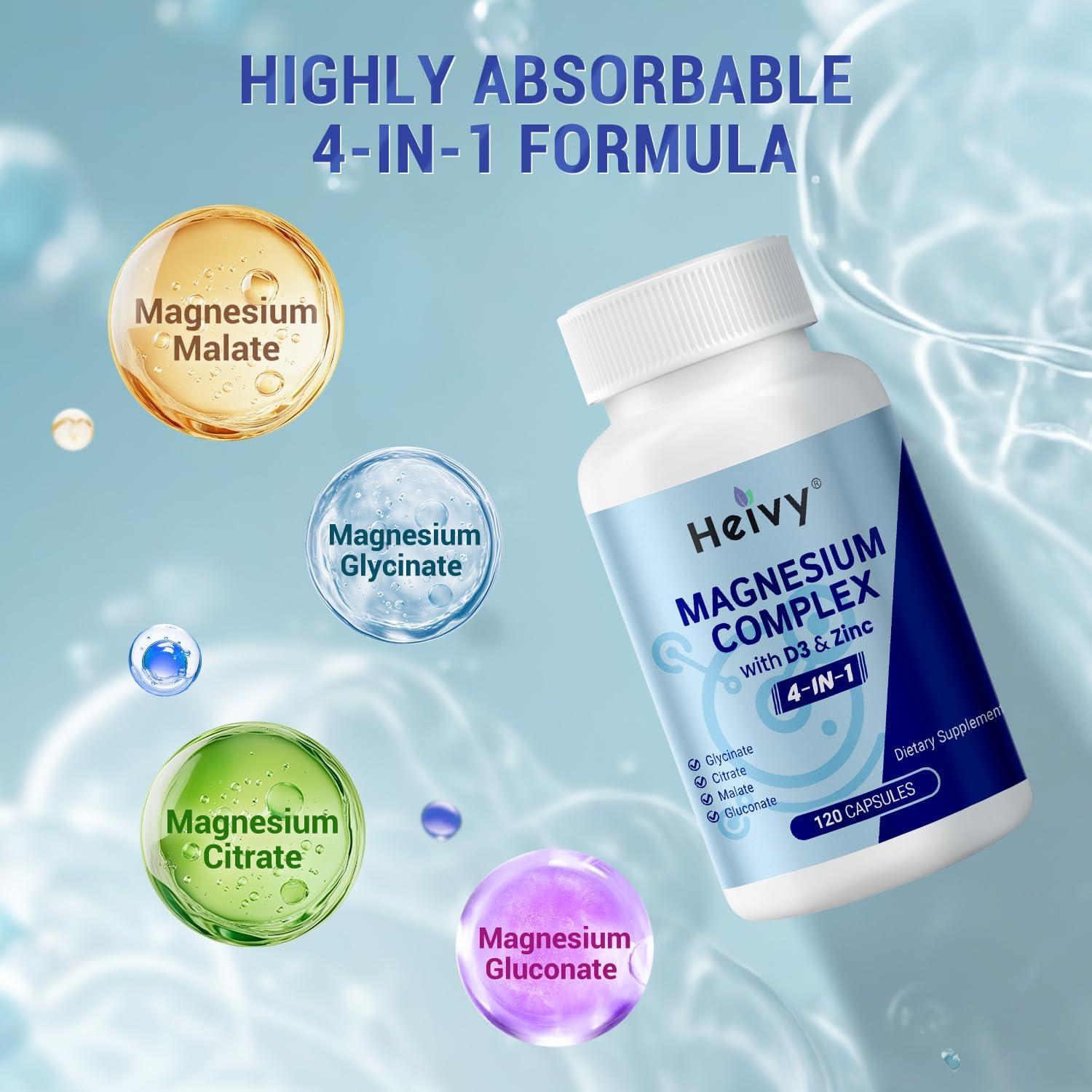 Suplemento Heivy de Magnesio, Zinc y Vitamina D3 320mg - 120 Cápsulas Veganas