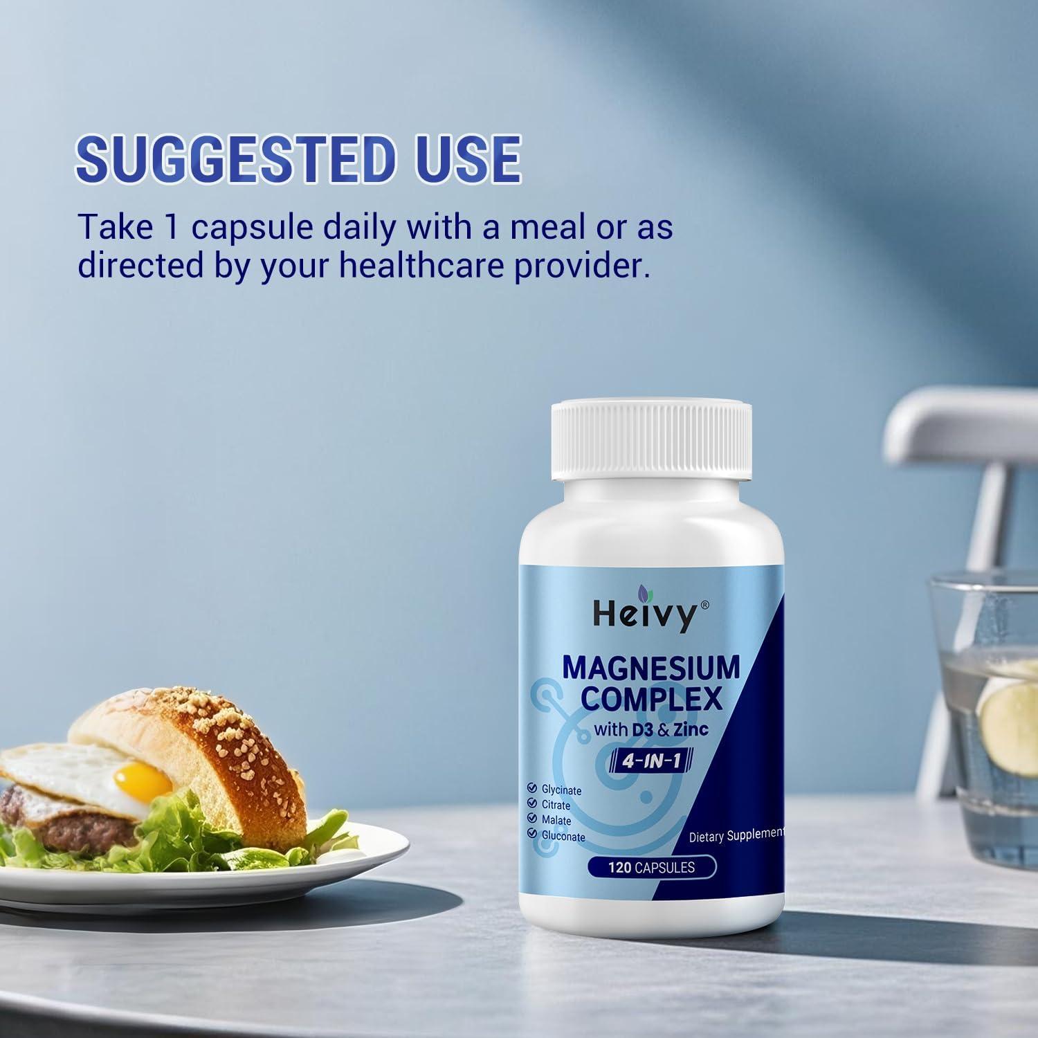 Suplemento Heivy de Magnesio, Zinc y Vitamina D3 320mg - 120 Cápsulas Veganas