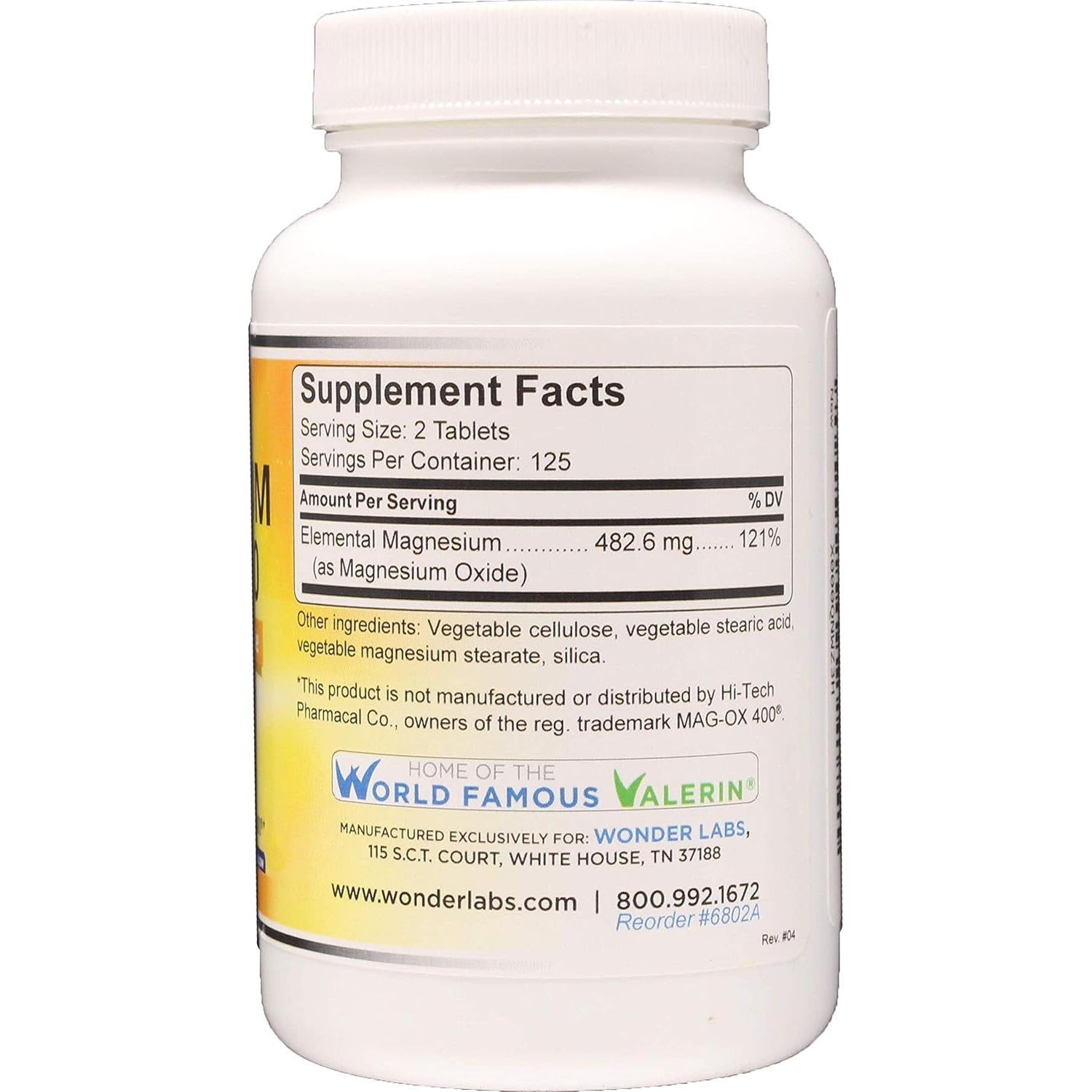 Óxido de Magnesio Wonder Labs 400mg - 250 Tabletas Grado Farmacéutico