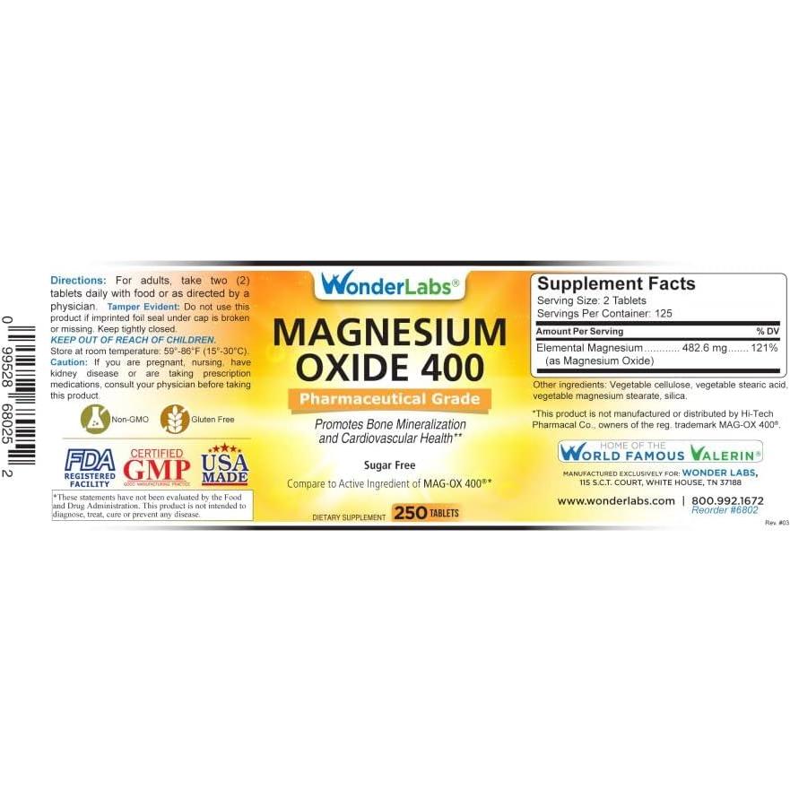 Óxido de Magnesio Wonder Labs 400mg - 250 Tabletas Grado Farmacéutico