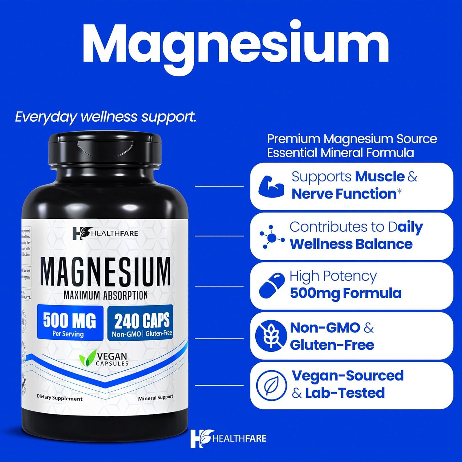 Óxido de Magnesio 500mg HealthFare | 240 Cápsulas Veganas | Alta Absorción