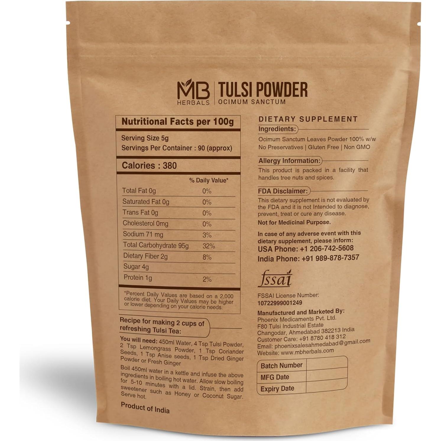 Polvo de Tulsi Orgánico MB Herbals 454g - Té Saborizado