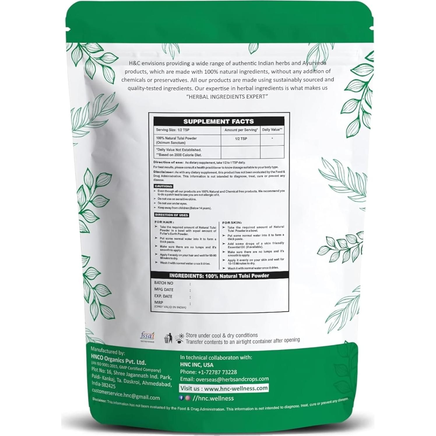 Polvo de Hojas de Tulsi 100% Natural H&C 227g Suplemento