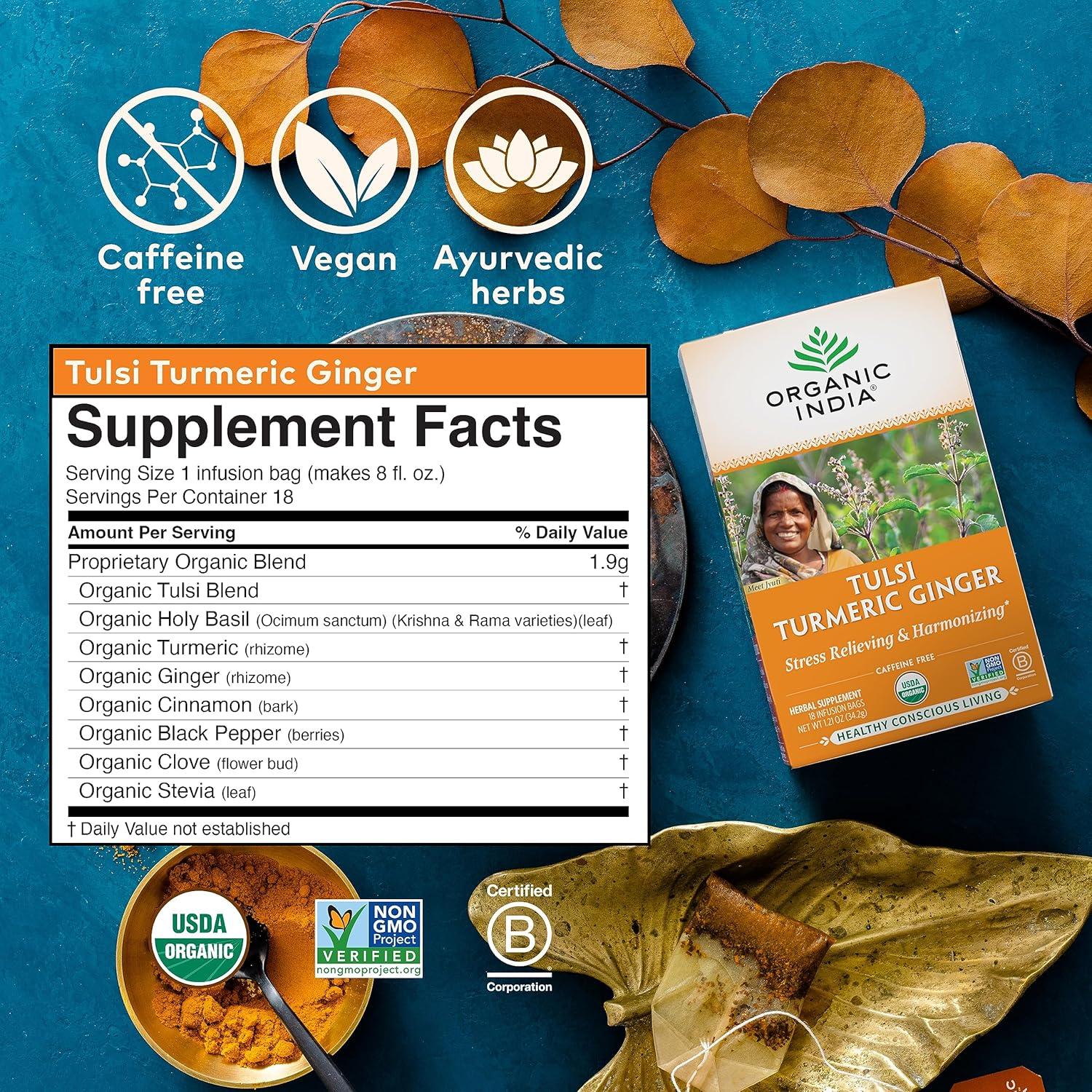 Té de Jengibre Cúrcuma Tulsi Organic India - 18 Bolsitas