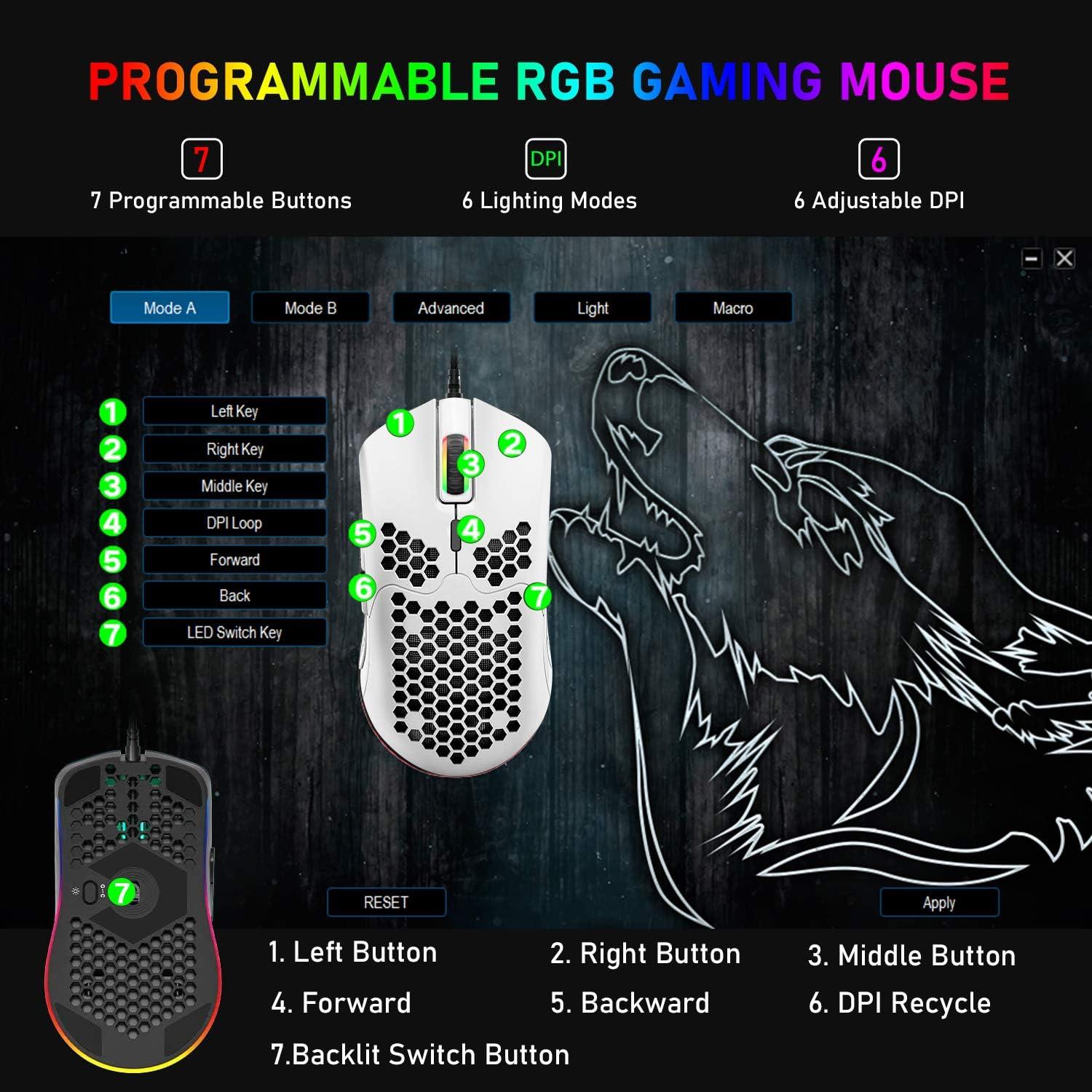 Ratón Gaming ZIYOU LANG 6400DPI RGB Ligero 69g Blanco