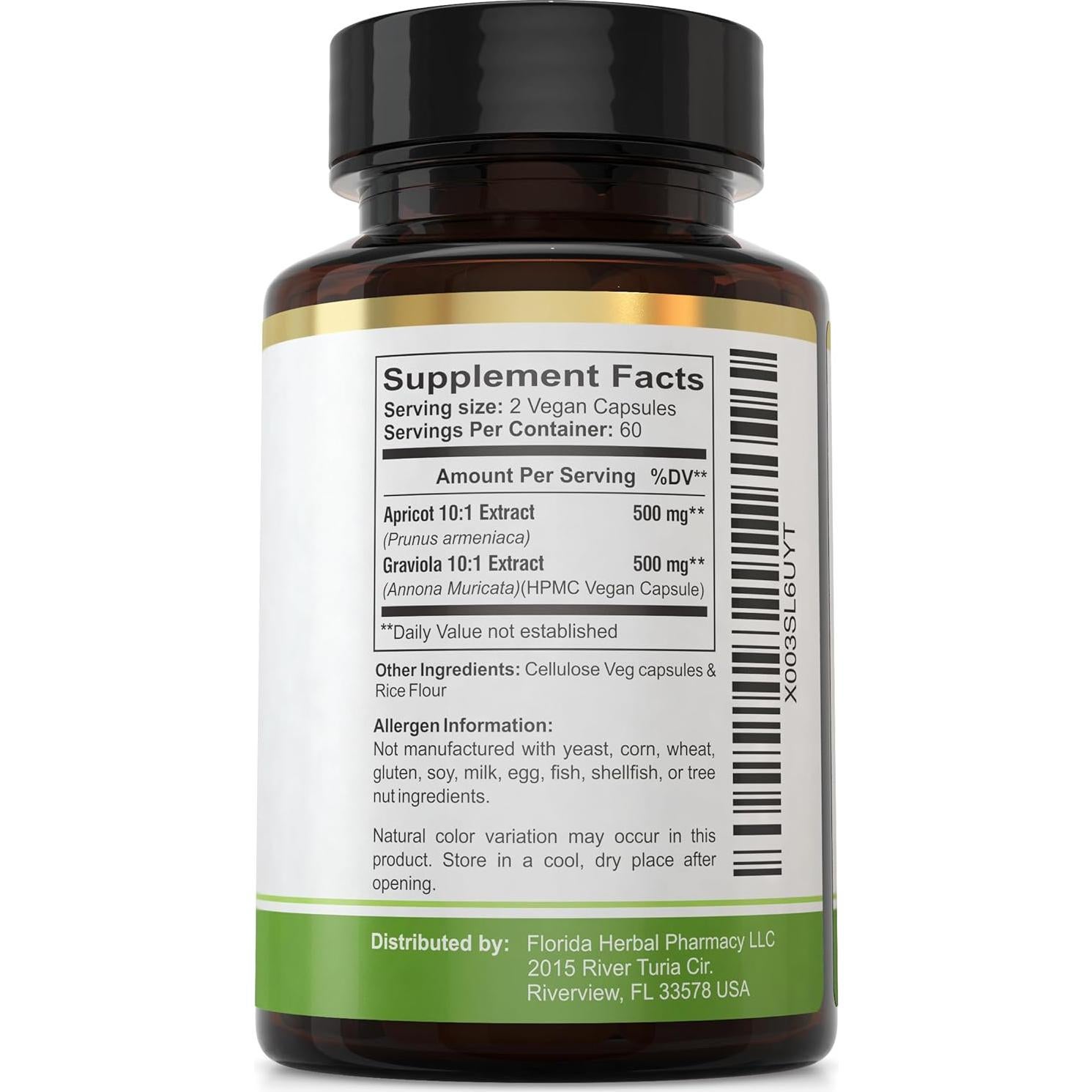 Cápsulas de Suplemento Herbal Albaricoque-Graviola 500 mg - Farmacia Herbal de Florida