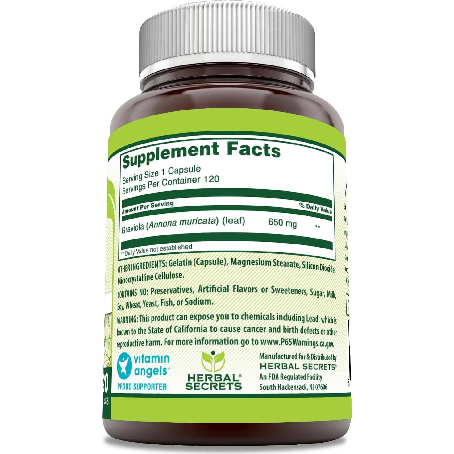 Suplemento de Graviola 650 mg Secretos Herbales 120 Cápsulas