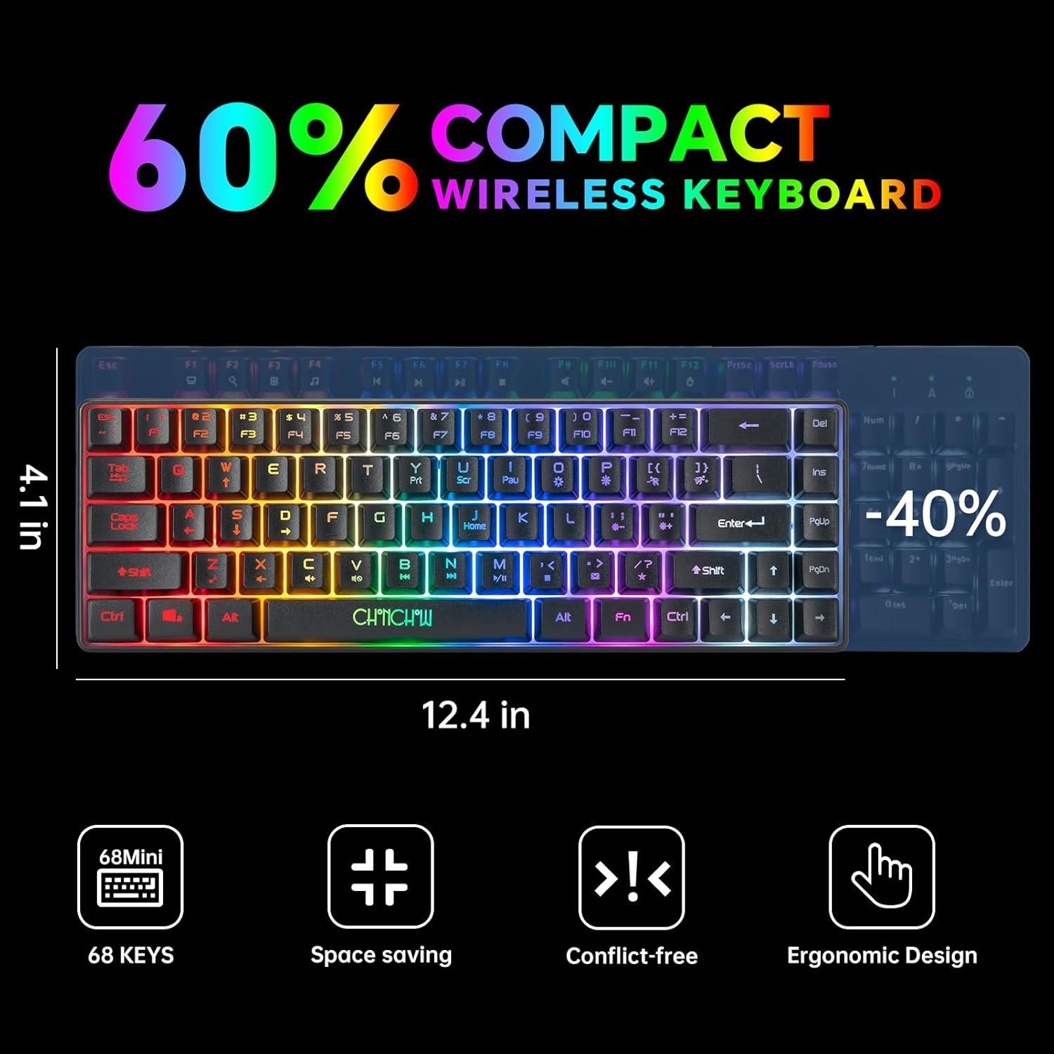 CHONCHOW Combo Teclado y Ratón Inalámbricos 68 Teclas LED
