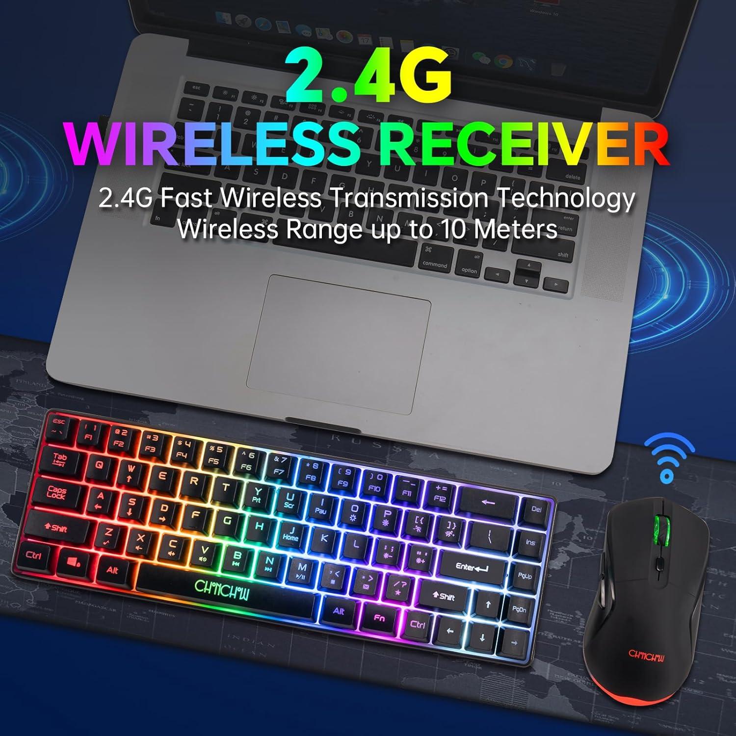 CHONCHOW Combo Teclado y Ratón Inalámbricos 68 Teclas LED