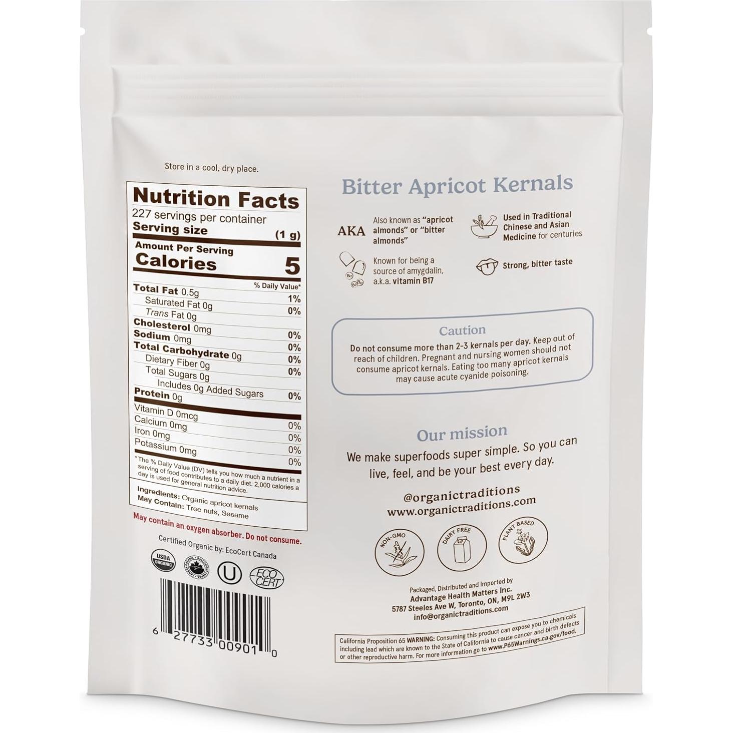 Núcleos de Albaricoque Orgánicos Health Matters 227g - Dulce-Amargo